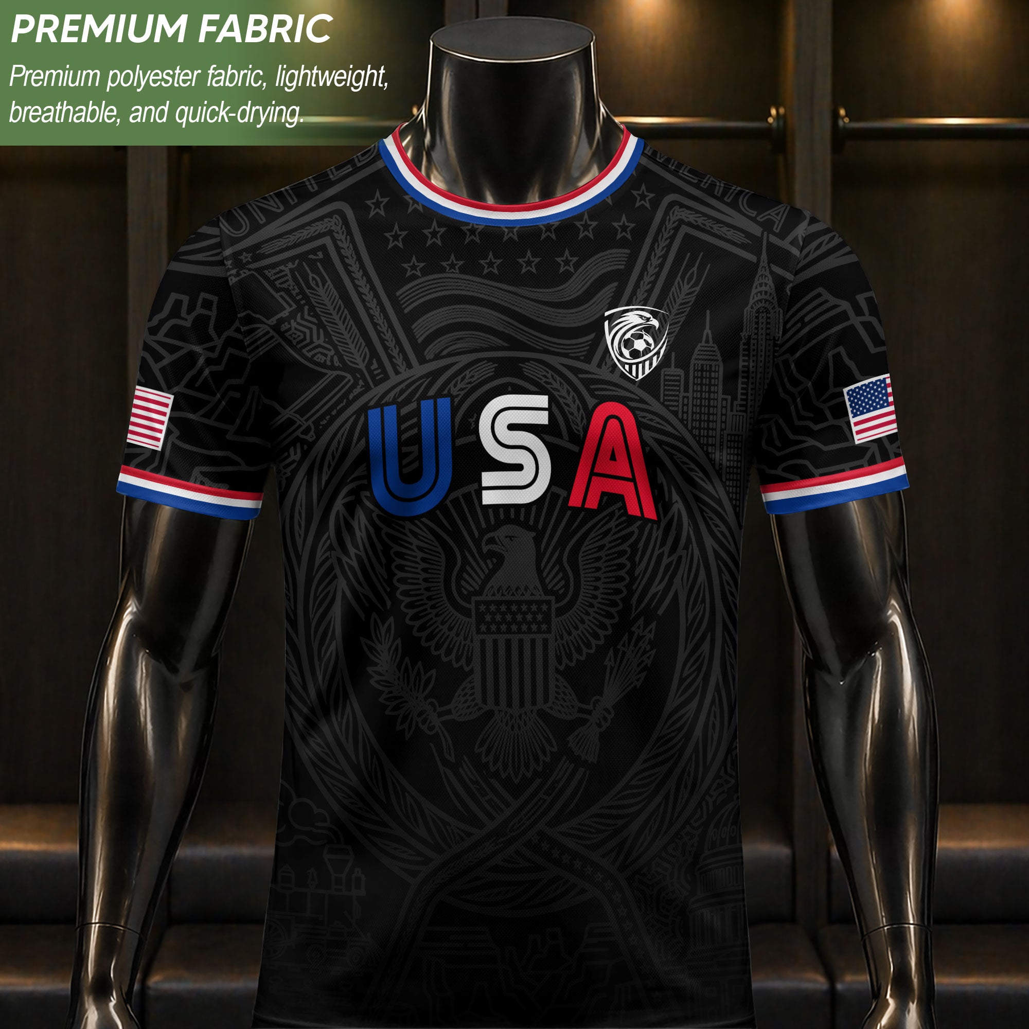 USA Patriotic Soccer Jersey Adult Black Eagle American Flag Independence Day Shirt