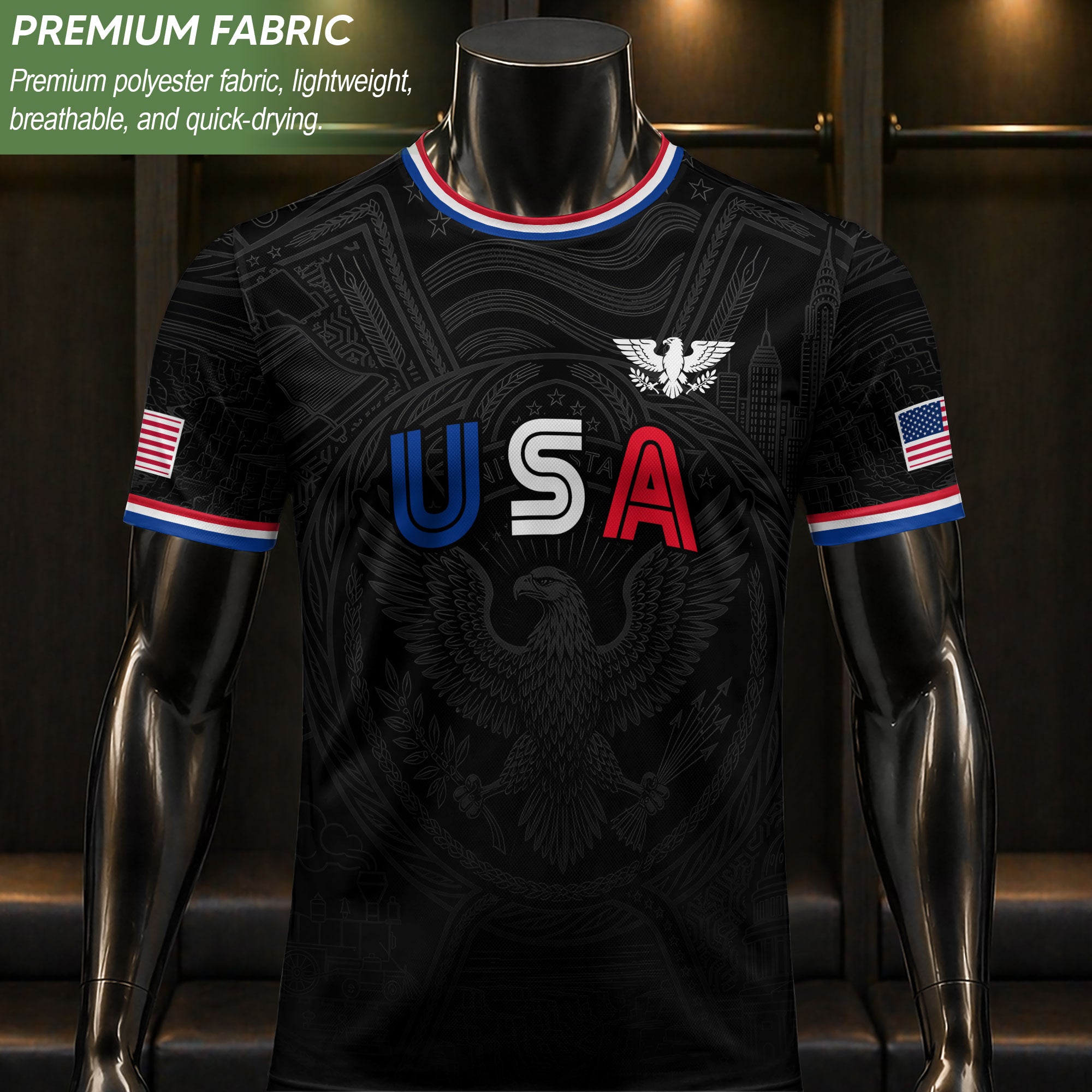 USA Patriotic Soccer Jersey Adult Black Eagle American Flag Independence Day Shirt