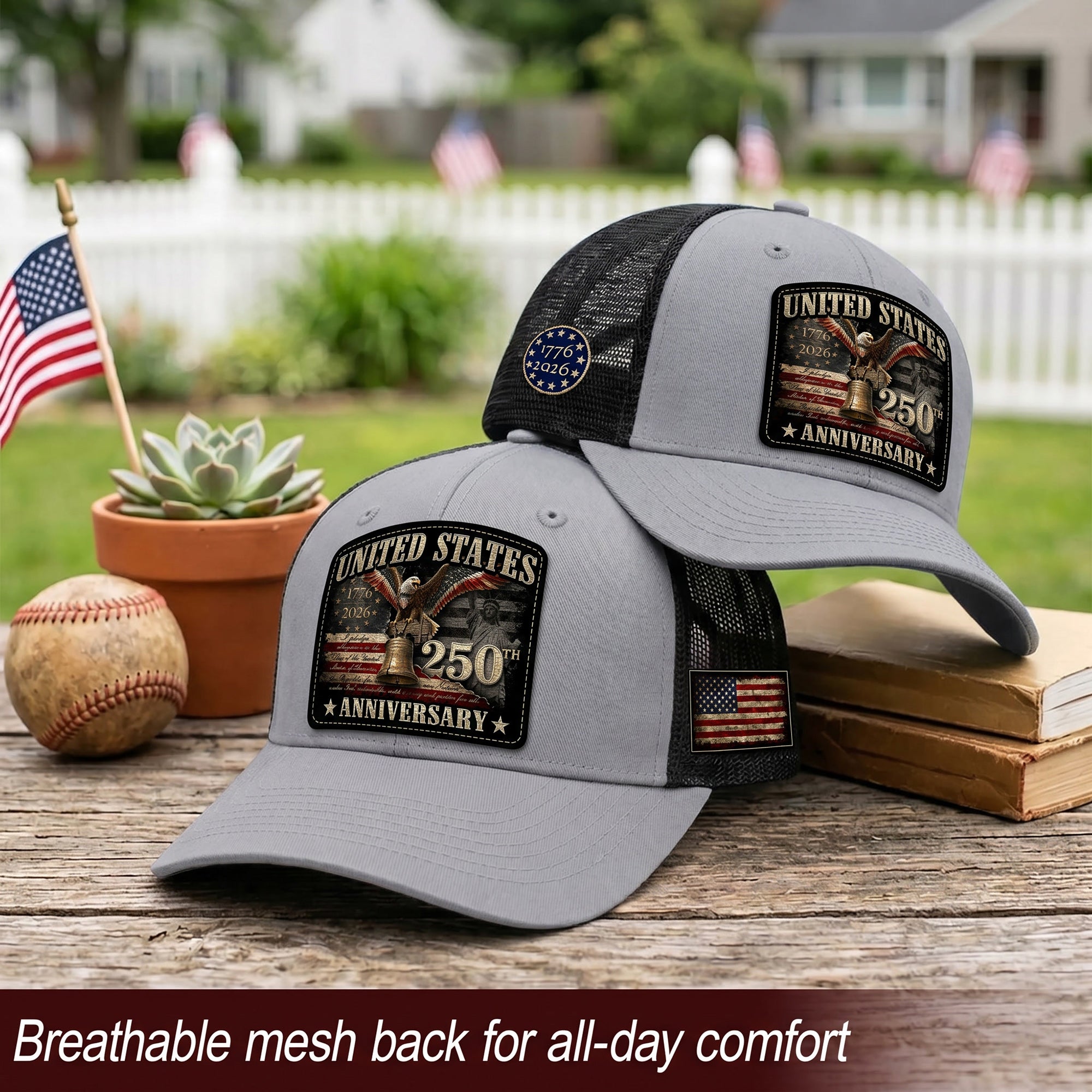 US 250th Anniversary Trucker Hat Statue of Liberty Bell Eagle Patriotic Mesh Cap