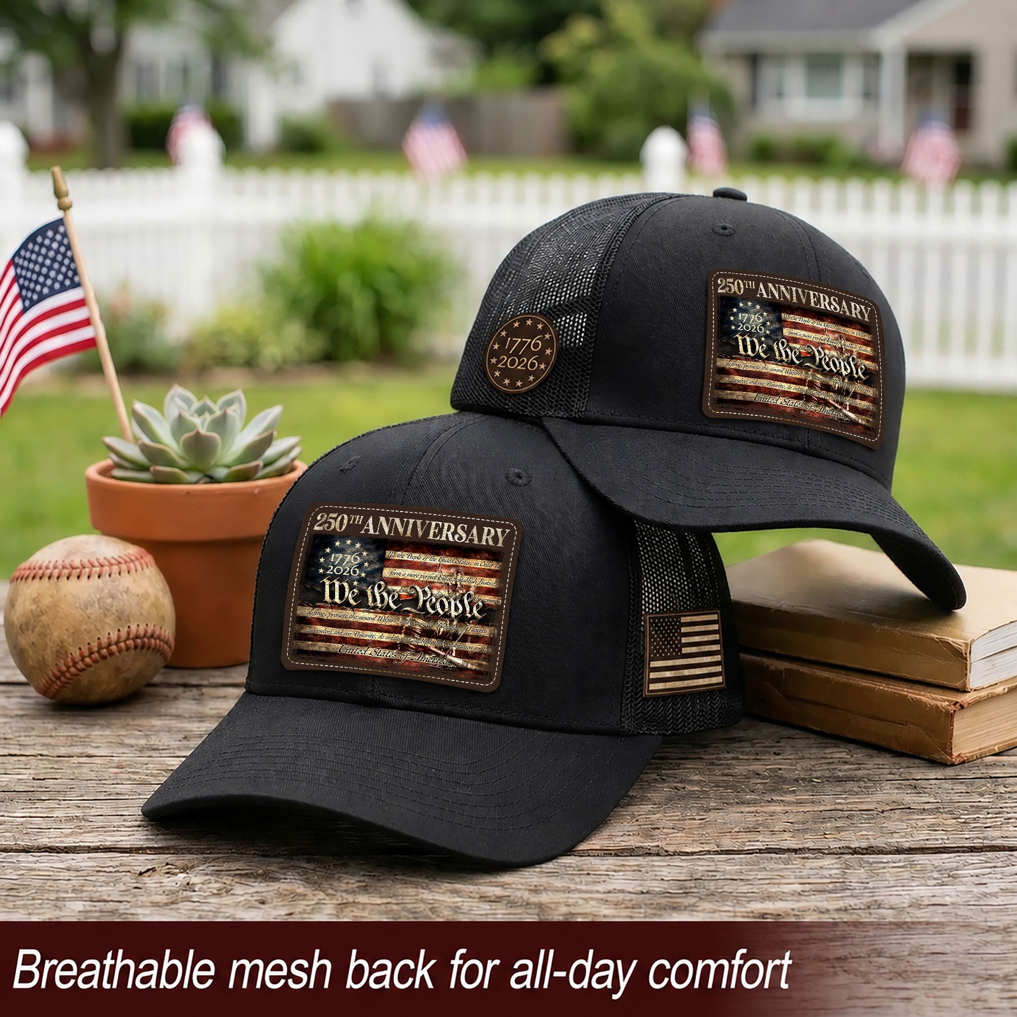 US 250th Anniversary Trucker Hat We The People Constitution Patriotic Leather Patch Cap