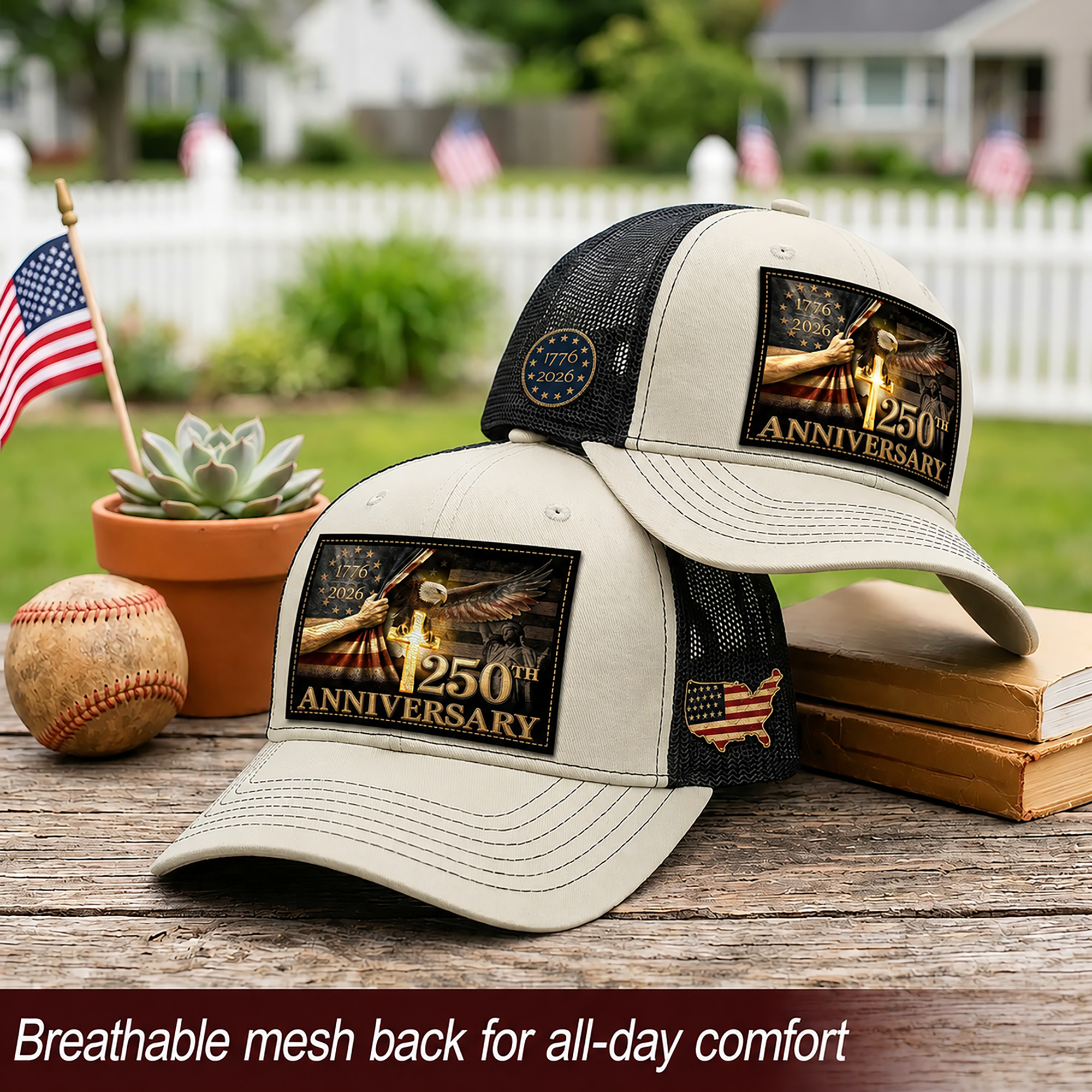 US 250th Anniversary Trucker Hat Christian Cross Eagle Patriotic Leather Patch Mesh Cap