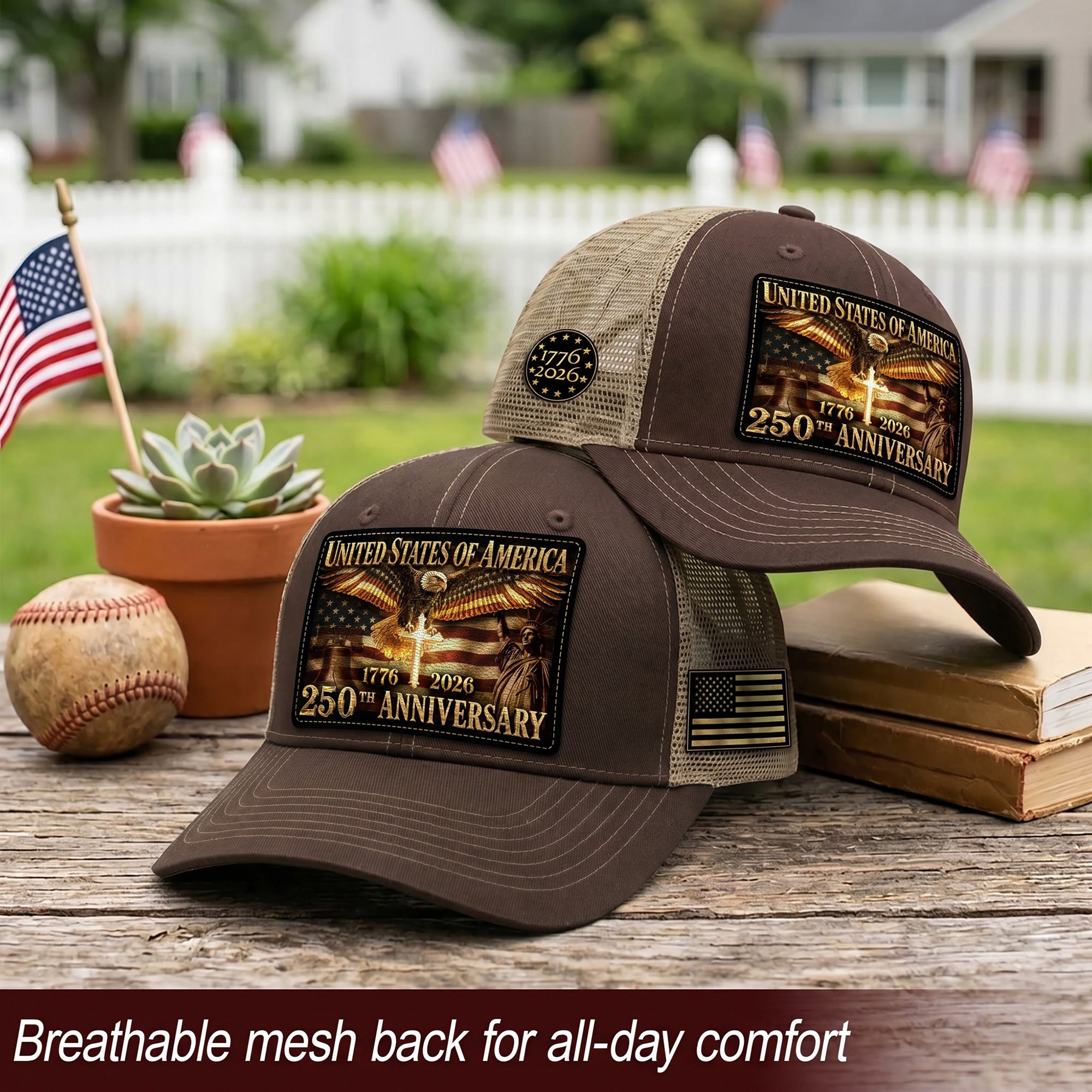 US 250th Anniversary Trucker Hat Christian Cross Eagle Liberty Bell Patriotic Mesh Cap
