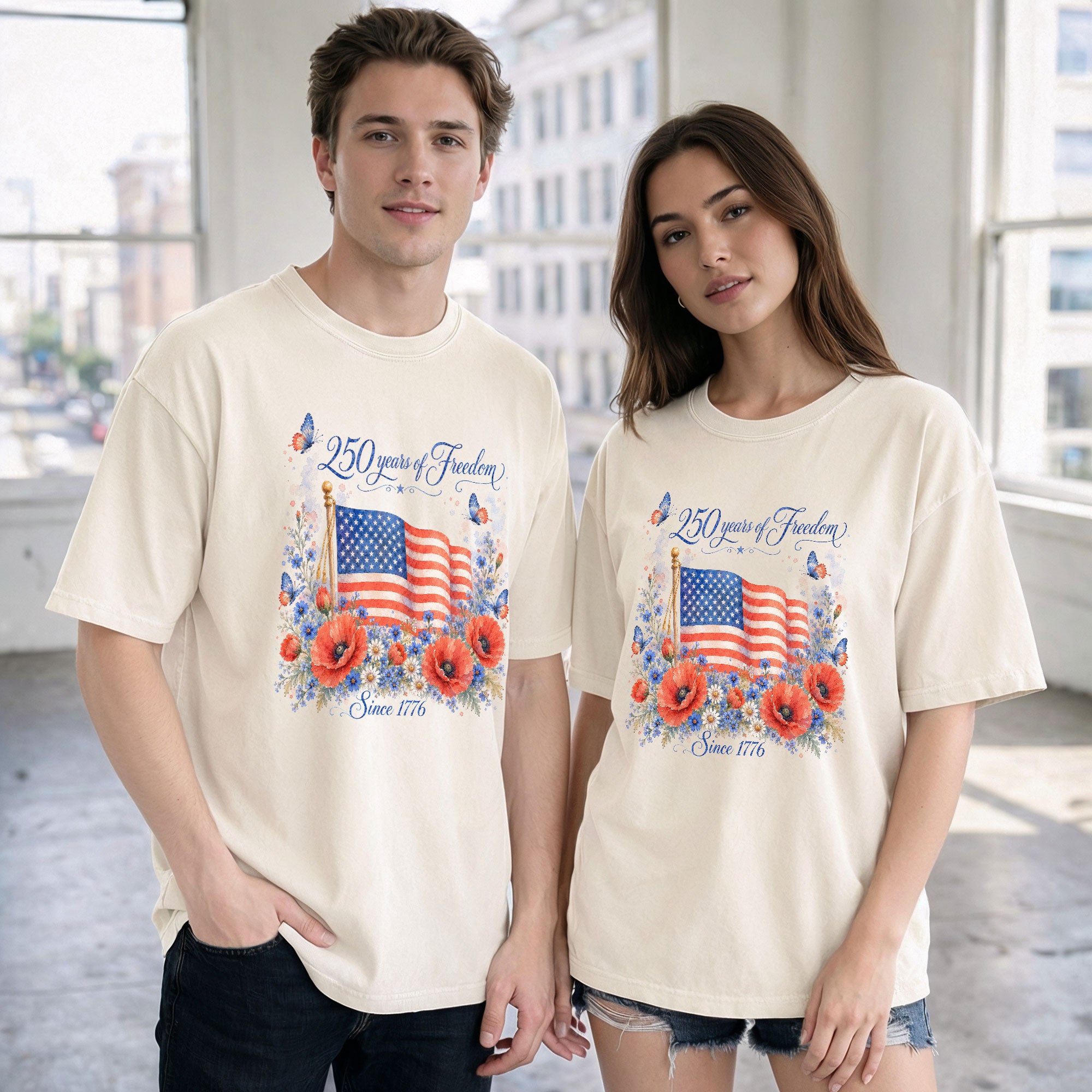 250 Years of Freedom T-Shirt 1776 US Flag Floral Patriotic Women Oversized Graphic Tee