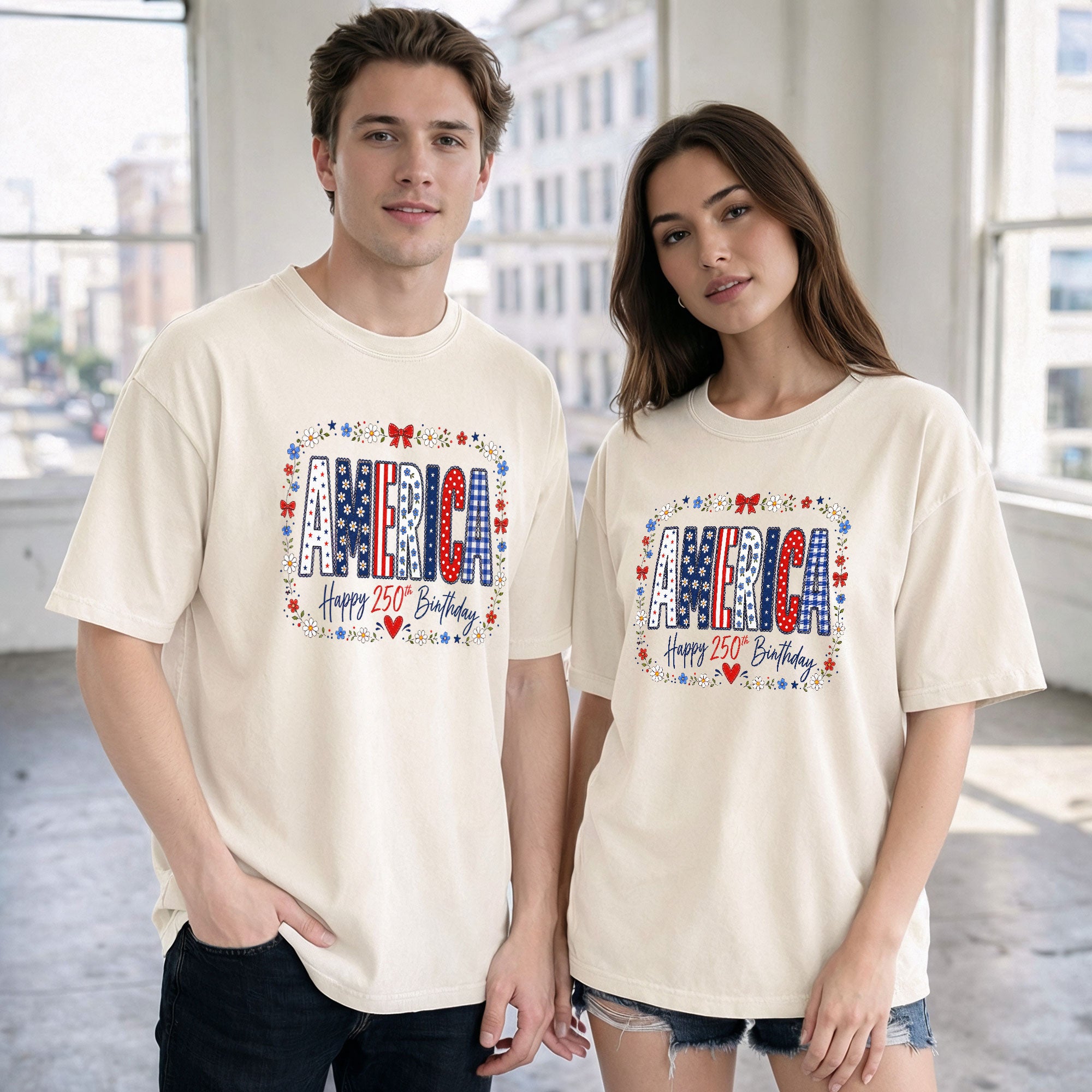 Happy 250th Birthday T-Shirt Patriotic Floral America Graphic Tee Fourth of July