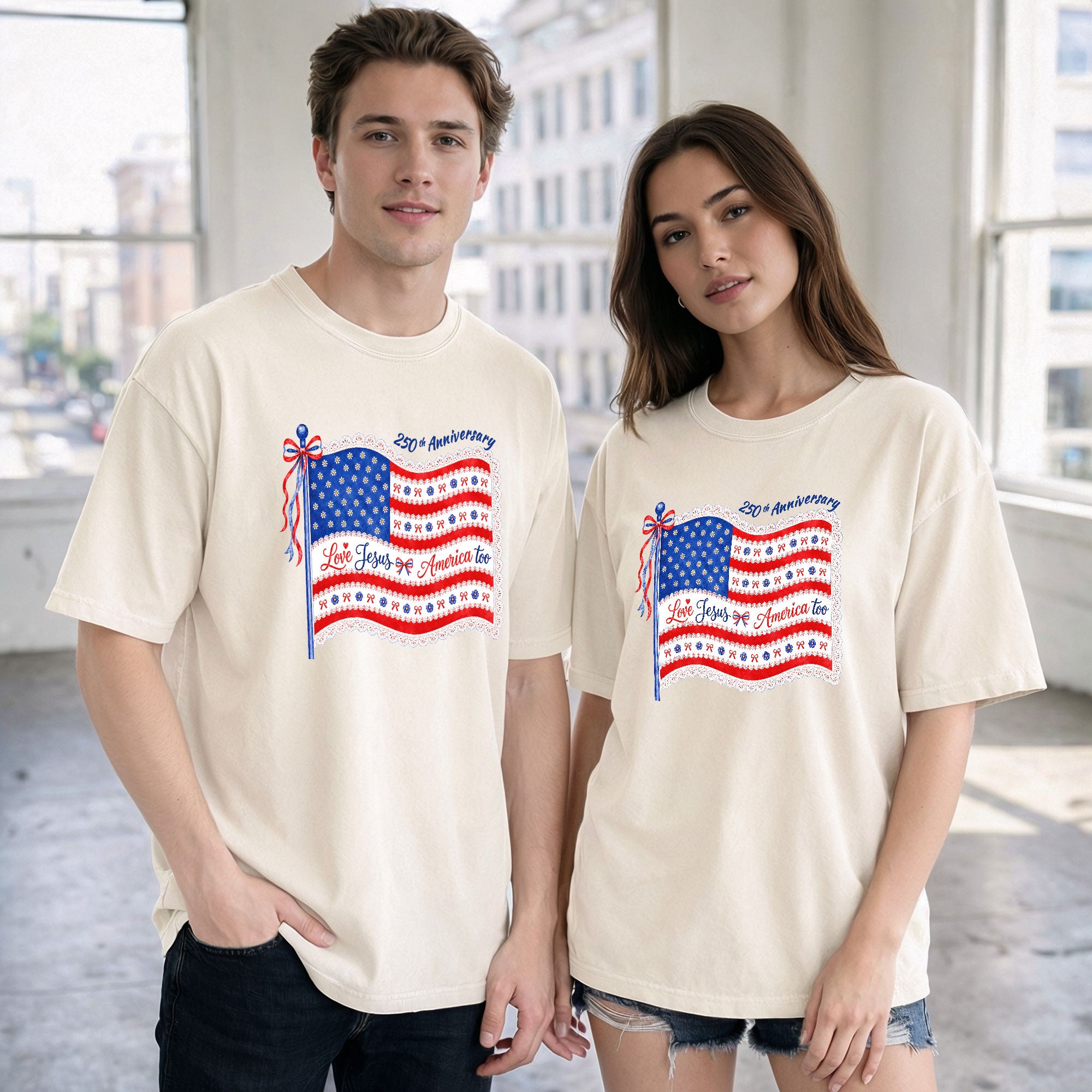 Love Jesus and America Too T-Shirt 250th Anniversary US Flag Floral Women Graphic Tee