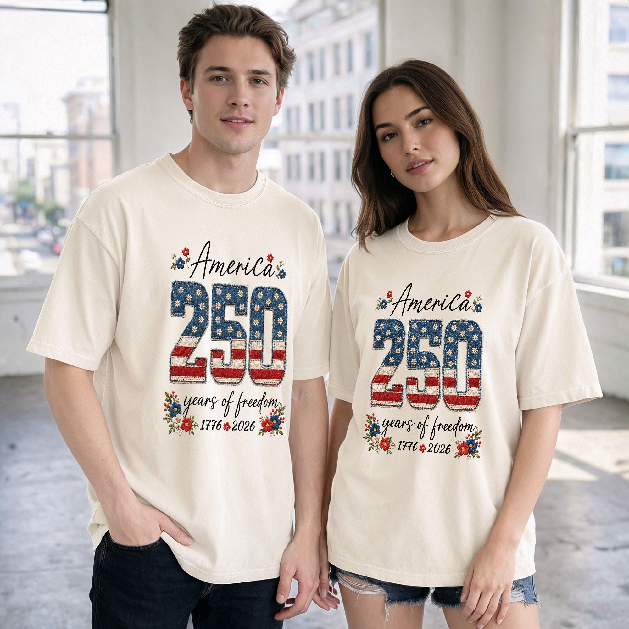 America 250 Years of Freedom T-Shirt 1776 2026 US Flag Floral Patriotic Women Tee