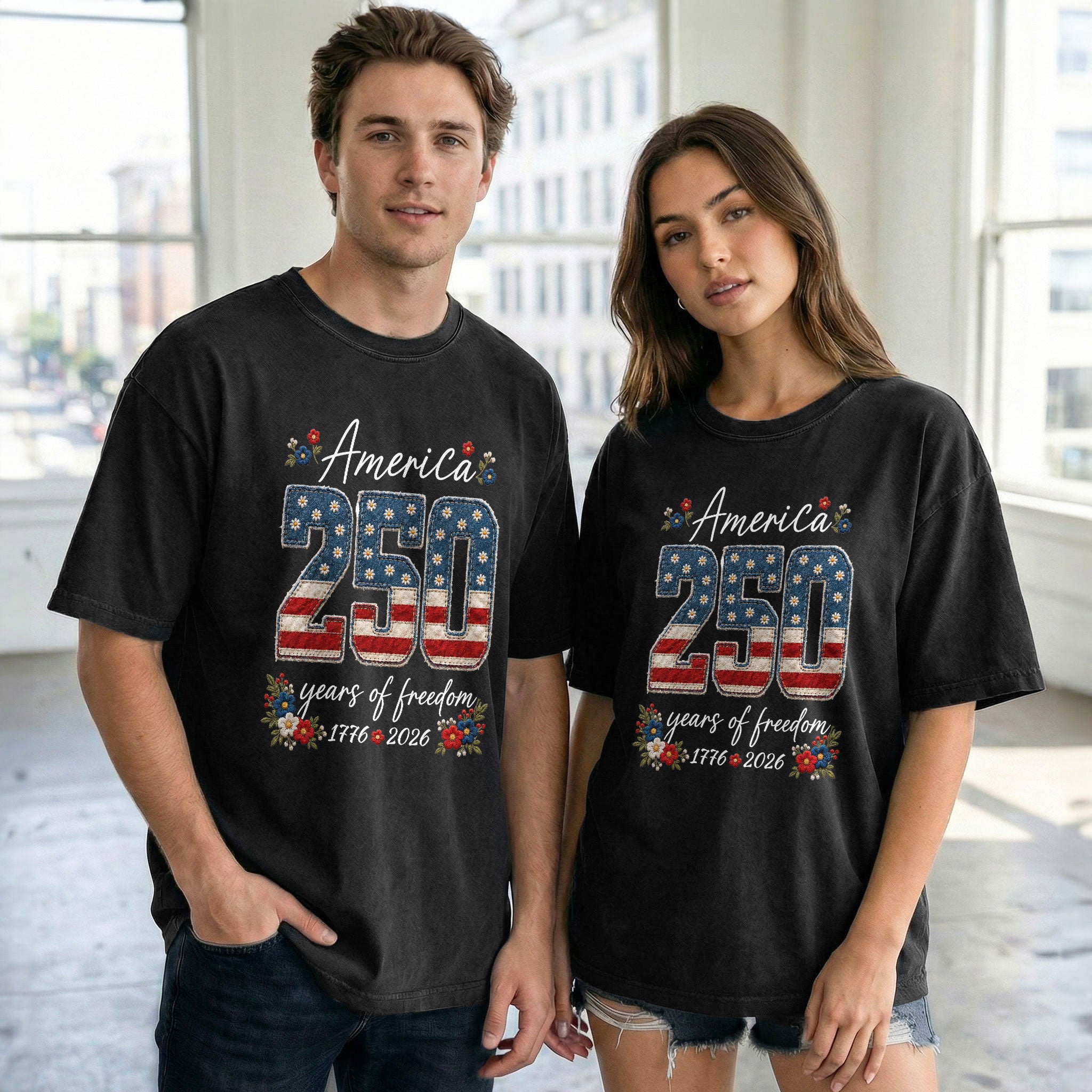 America 250 Years of Freedom T-Shirt Patriotic Black Graphic Tee 1776-2026 Women Shirt