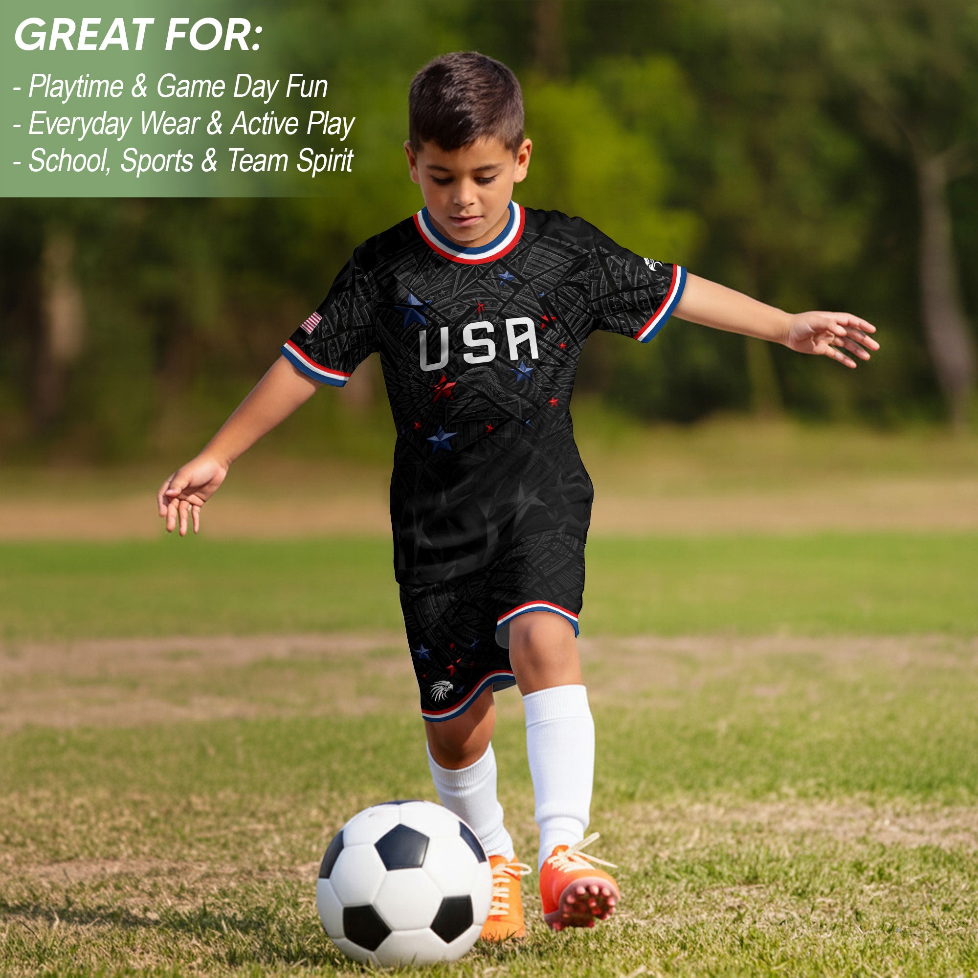 USA Patriotic Kids Soccer Jersey Eagle American Flag Youth Football Shirt for Kids