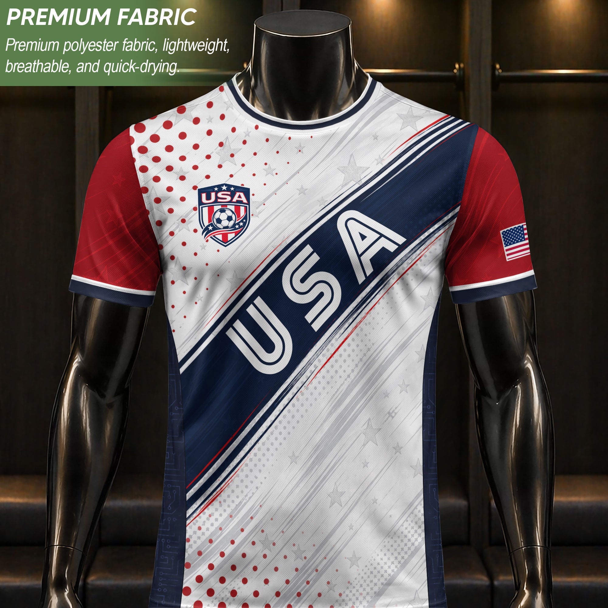 Adult USA Soccer Jersey White Navy Patriotic Diagonal Sash Polka Dot United States Tee