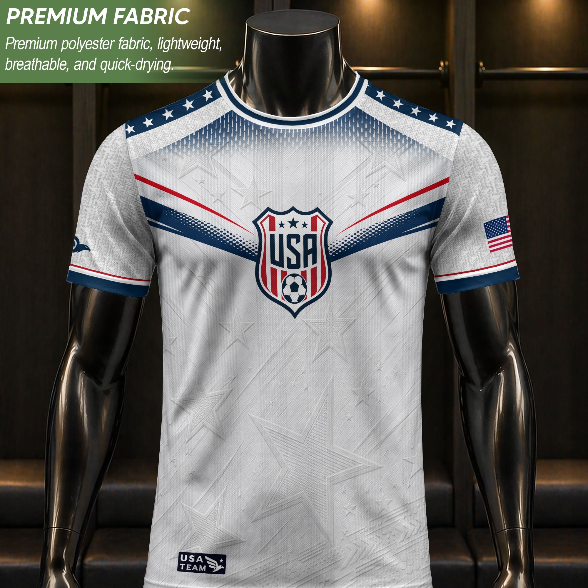 Adult USA Soccer Jersey Patriotic White Flag Pattern Lettering United States Fan Shirt