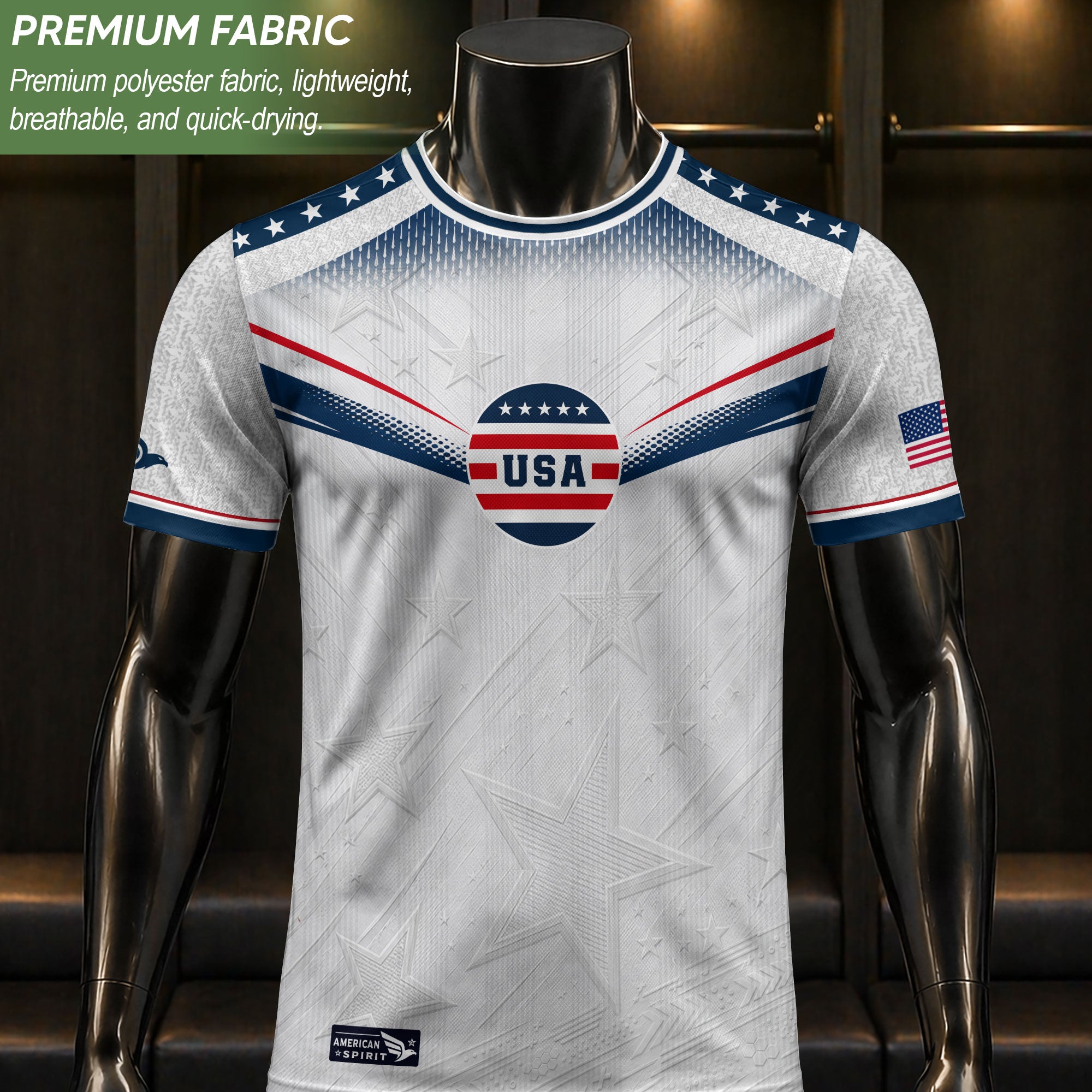 Adult USA Soccer Jersey Patriotic White Flag Pattern Lettering United States Fan Shirt