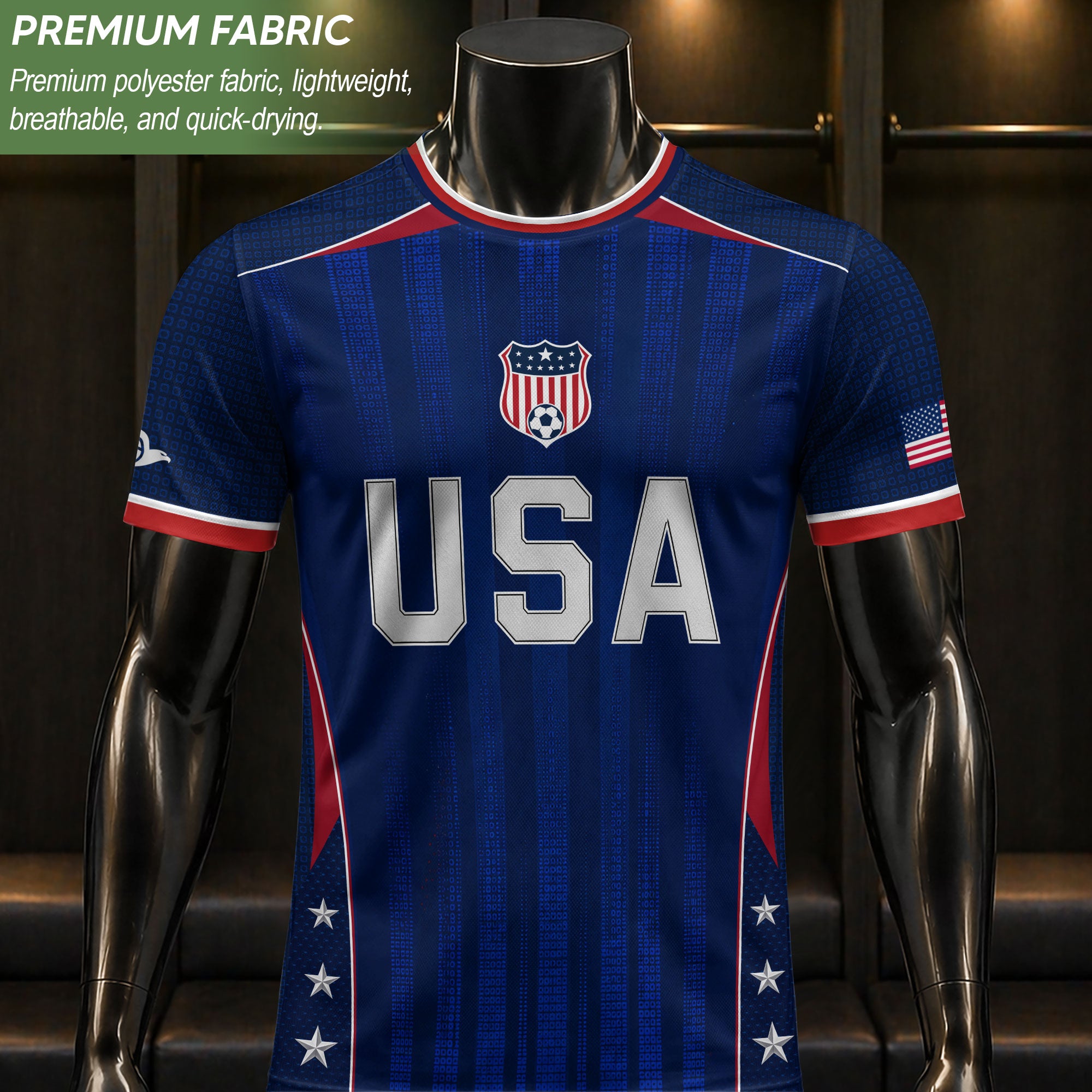 Adult USA Soccer Jersey Navy Blue Patriotic Vertical Stripe Star Side United States Tee