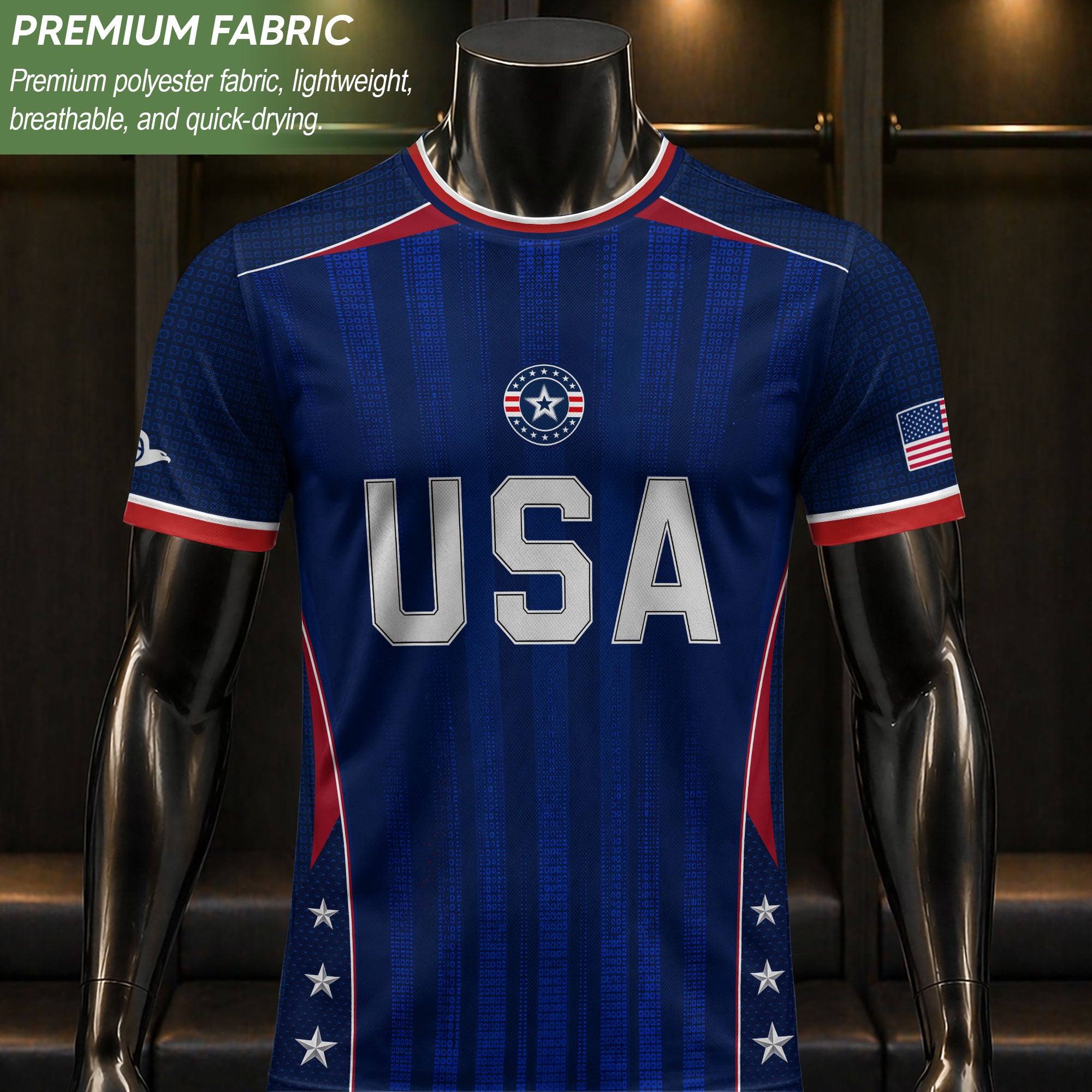 Adult USA Soccer Jersey Navy Blue Patriotic Vertical Stripe Star Side United States Tee
