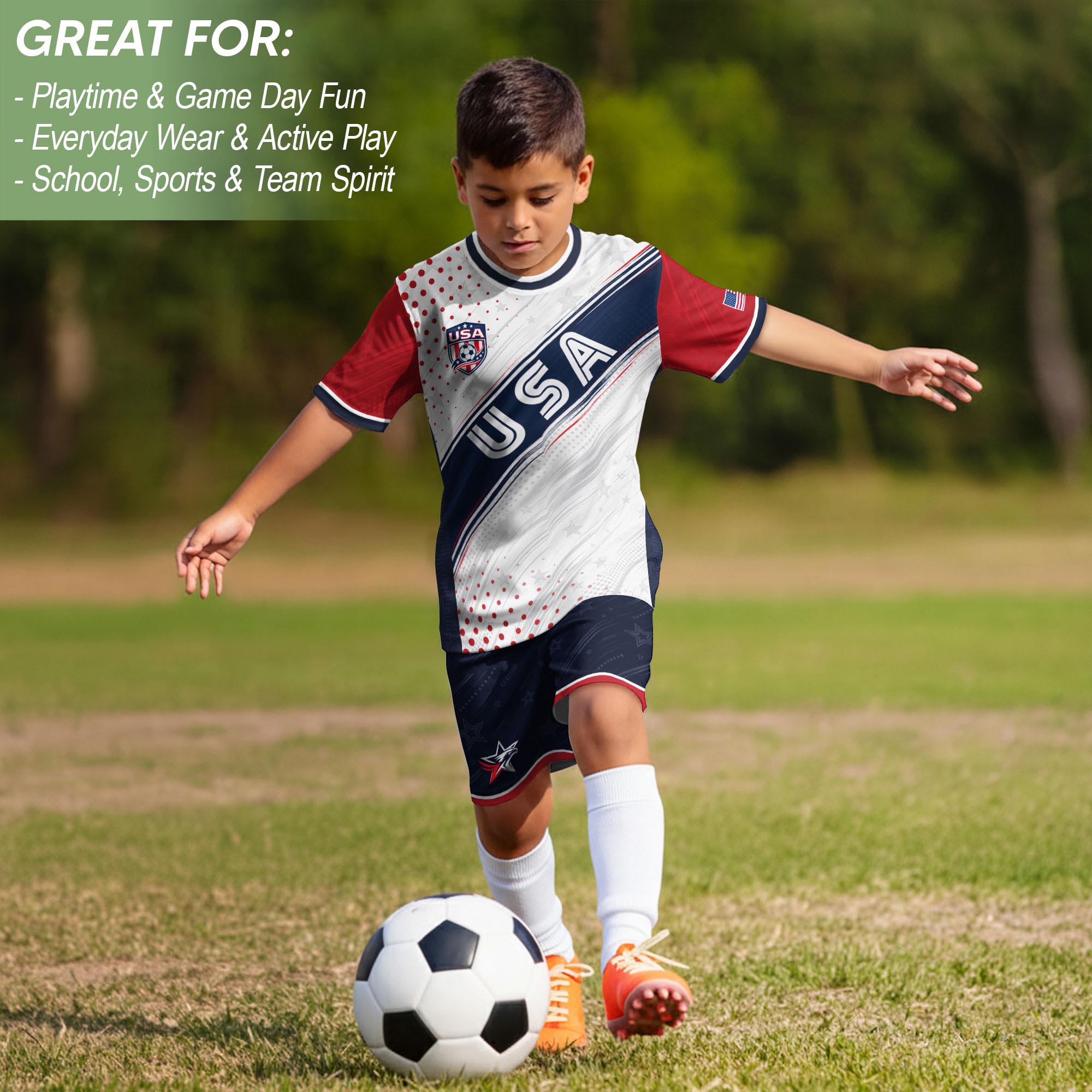 Kids USA Soccer Jersey Youth Patriotic White Navy Diagonal Sash Polka Dot Sport Shirt