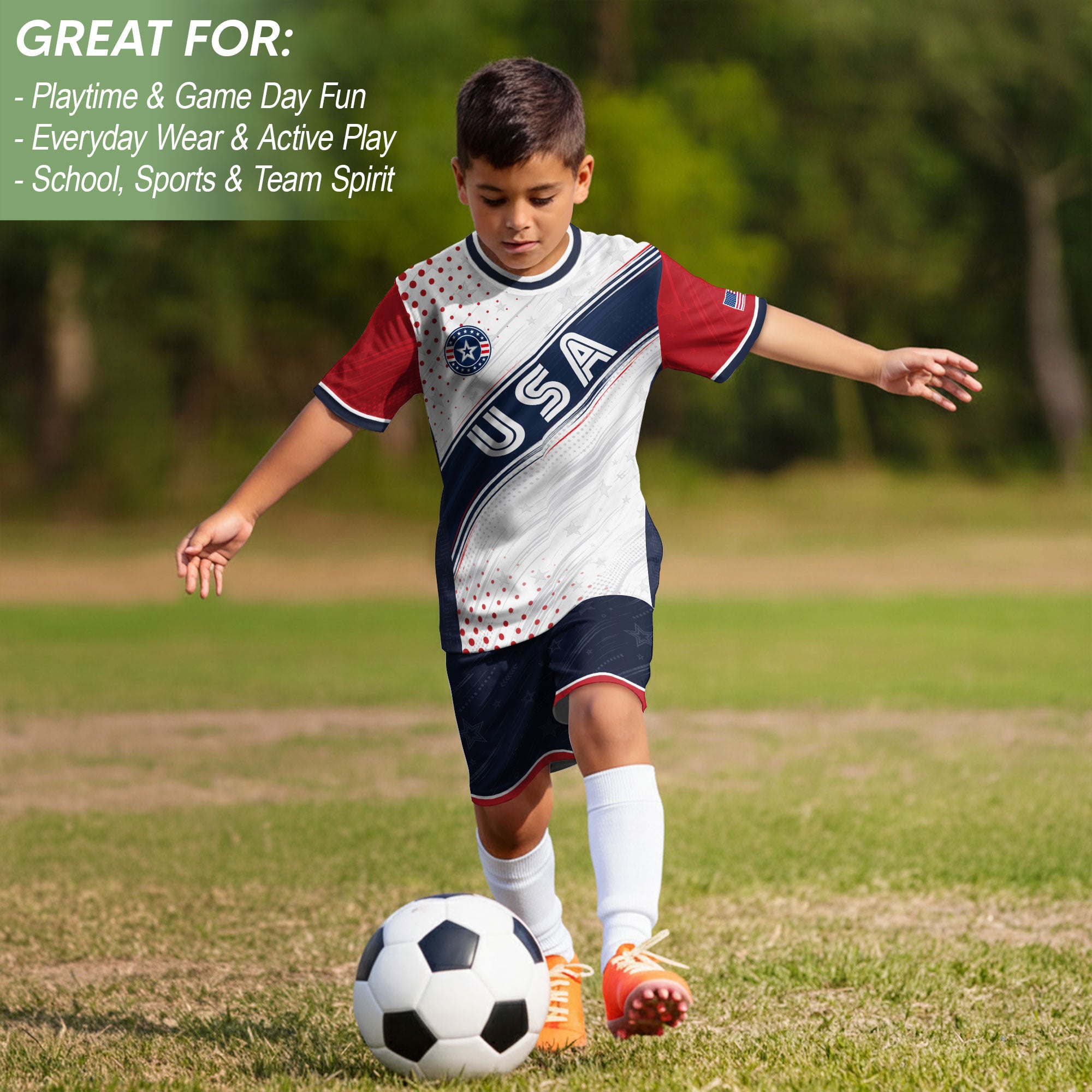 Kids USA Soccer Jersey Youth Patriotic White Navy Diagonal Sash Polka Dot Sport Shirt