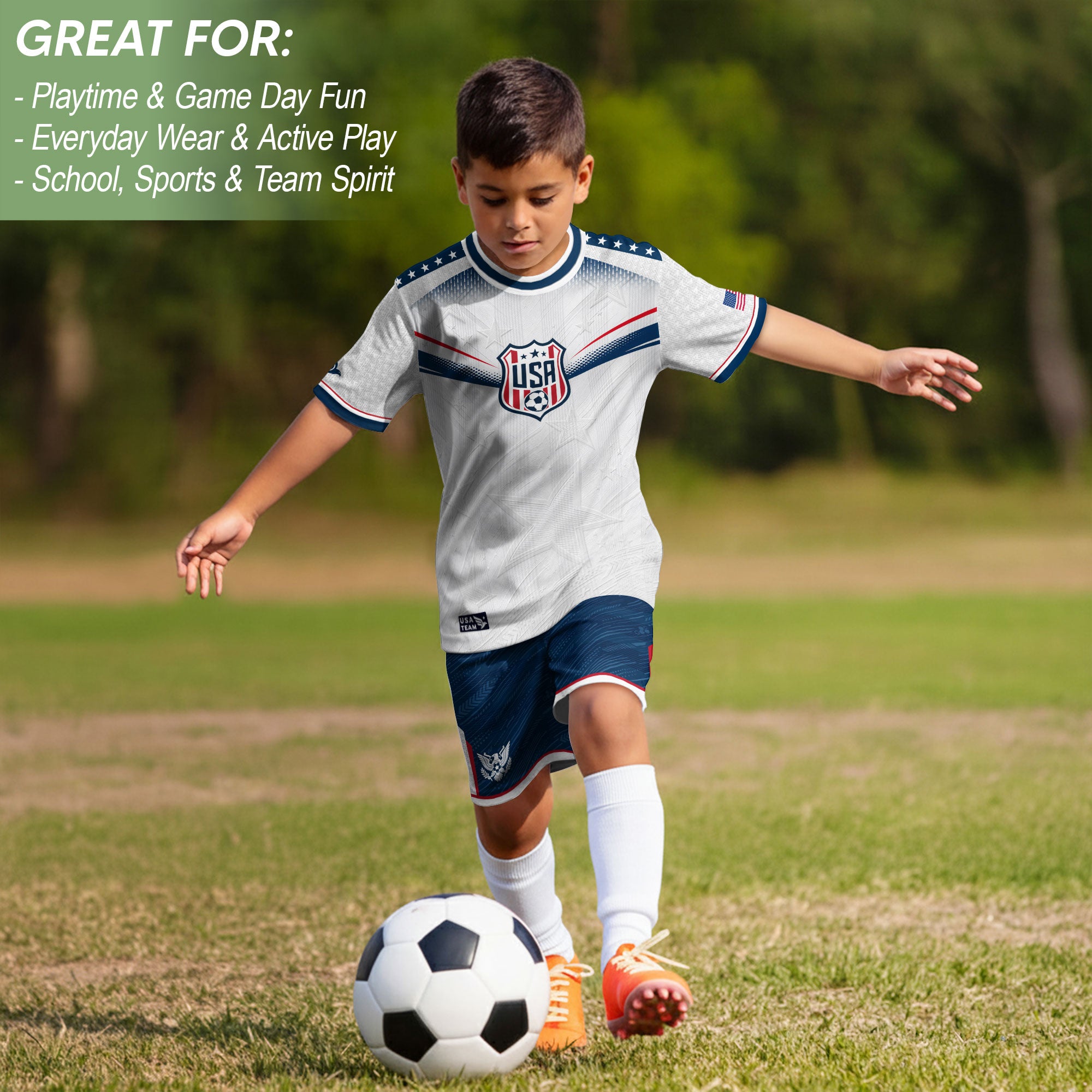 Kids USA Soccer Jersey Youth Patriotic White Chevron Emblem Star United States Sport Tee