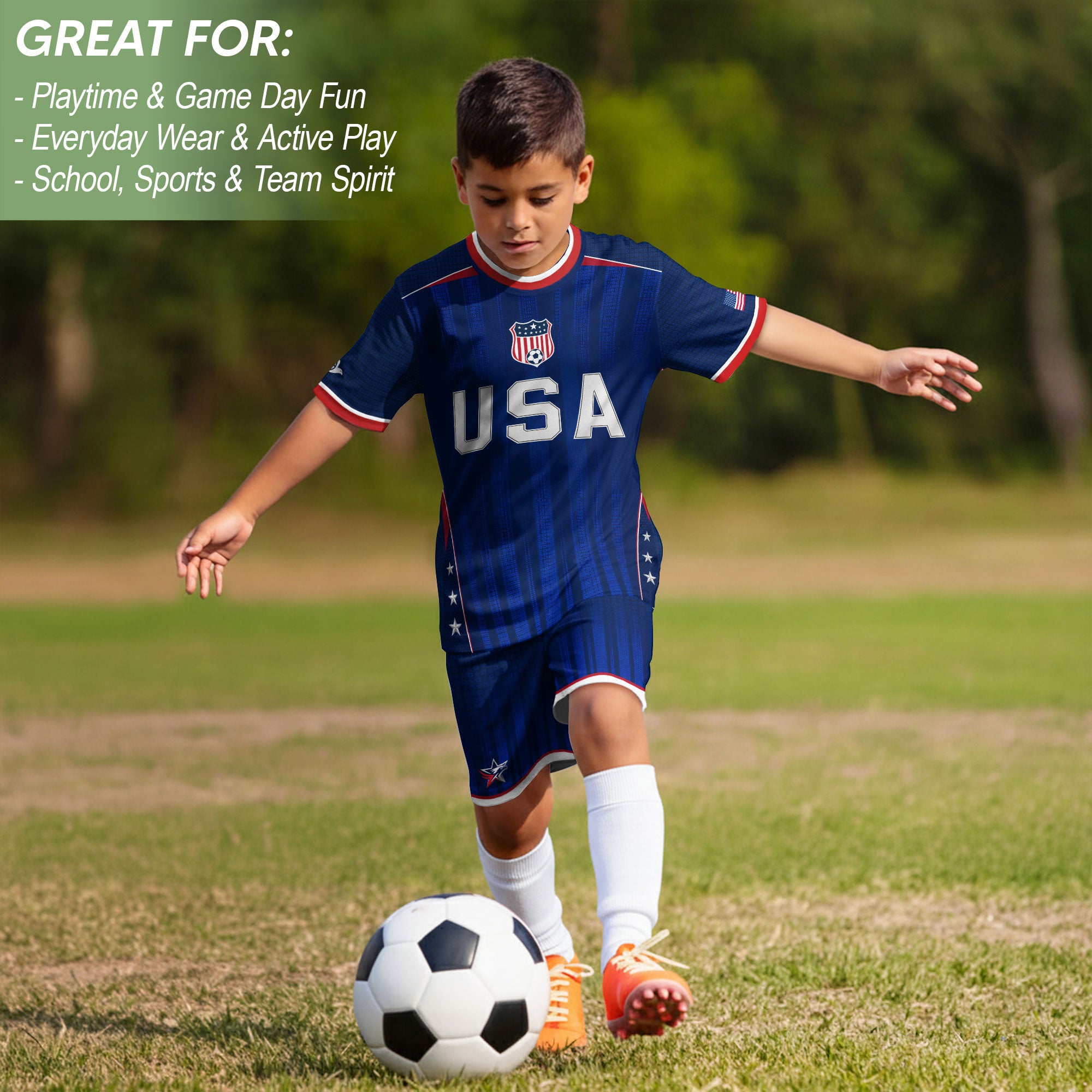 Kids USA Soccer Jersey Youth Patriotic Navy Vertical Stripe Star Side United States Tee