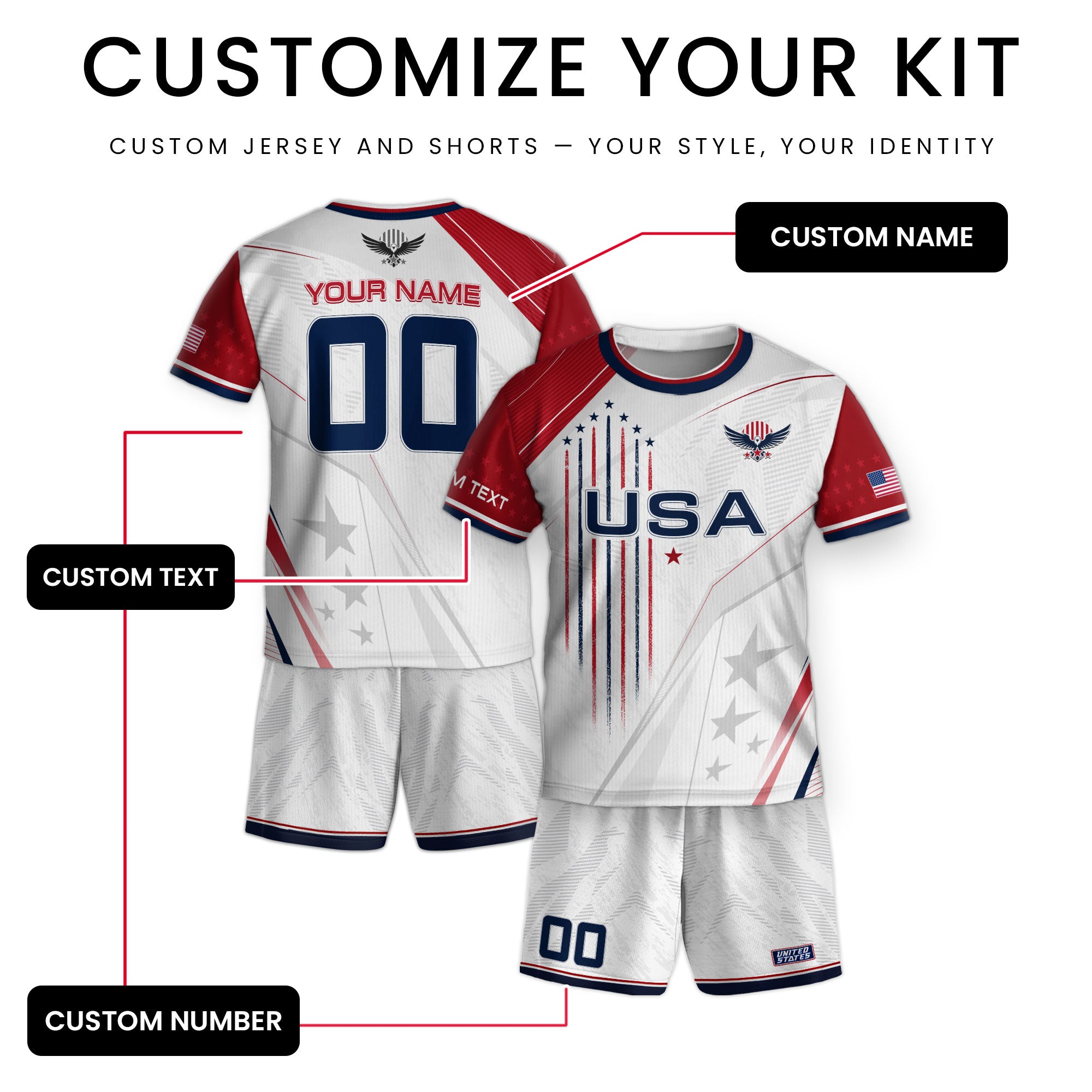 Custom Kids USA Soccer Jersey White Youth Patriotic Personalized Football Team Shirt
