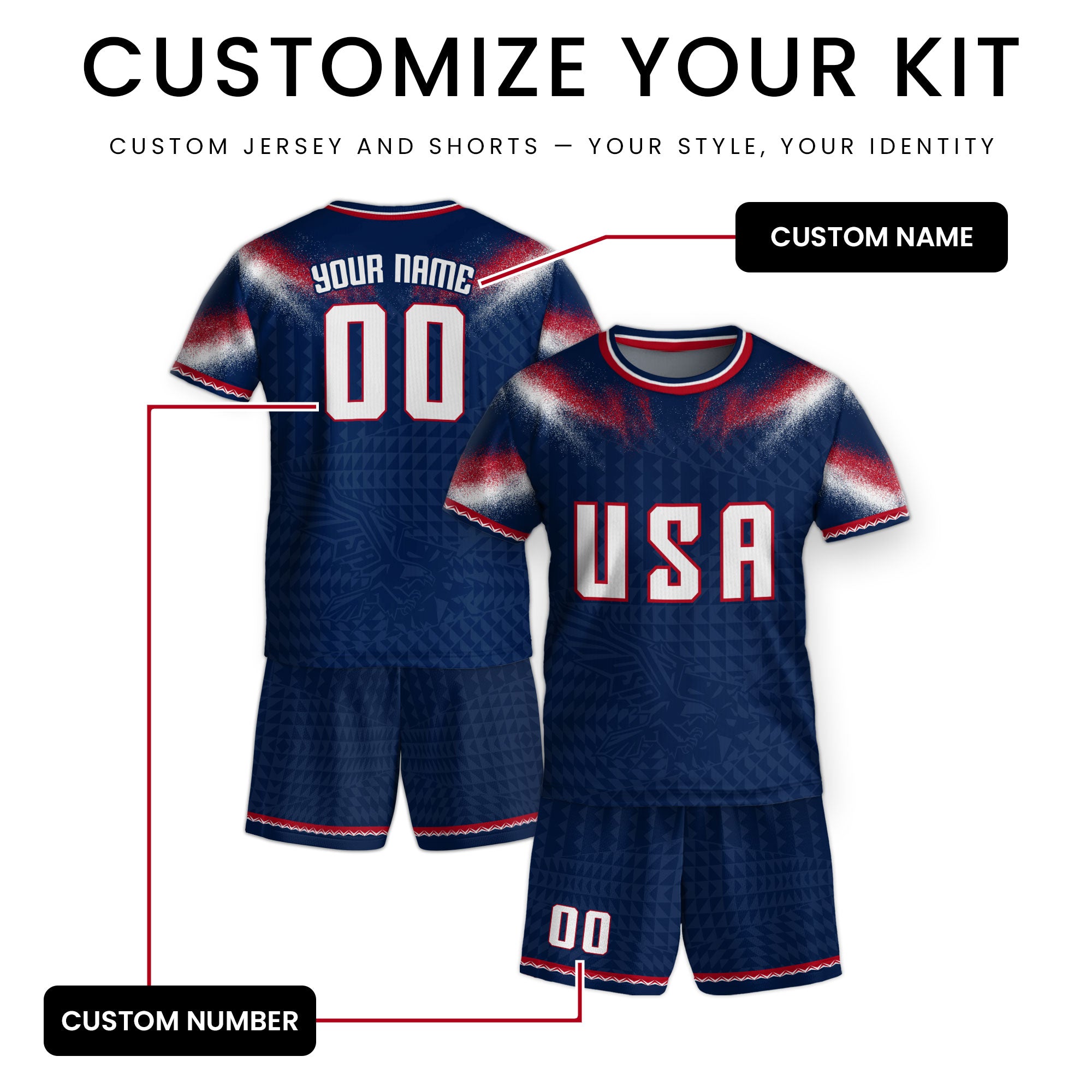 Custom Name Number Youth USA Soccer Jersey Navy Red Eagle Patriotic Football Jersey Kids