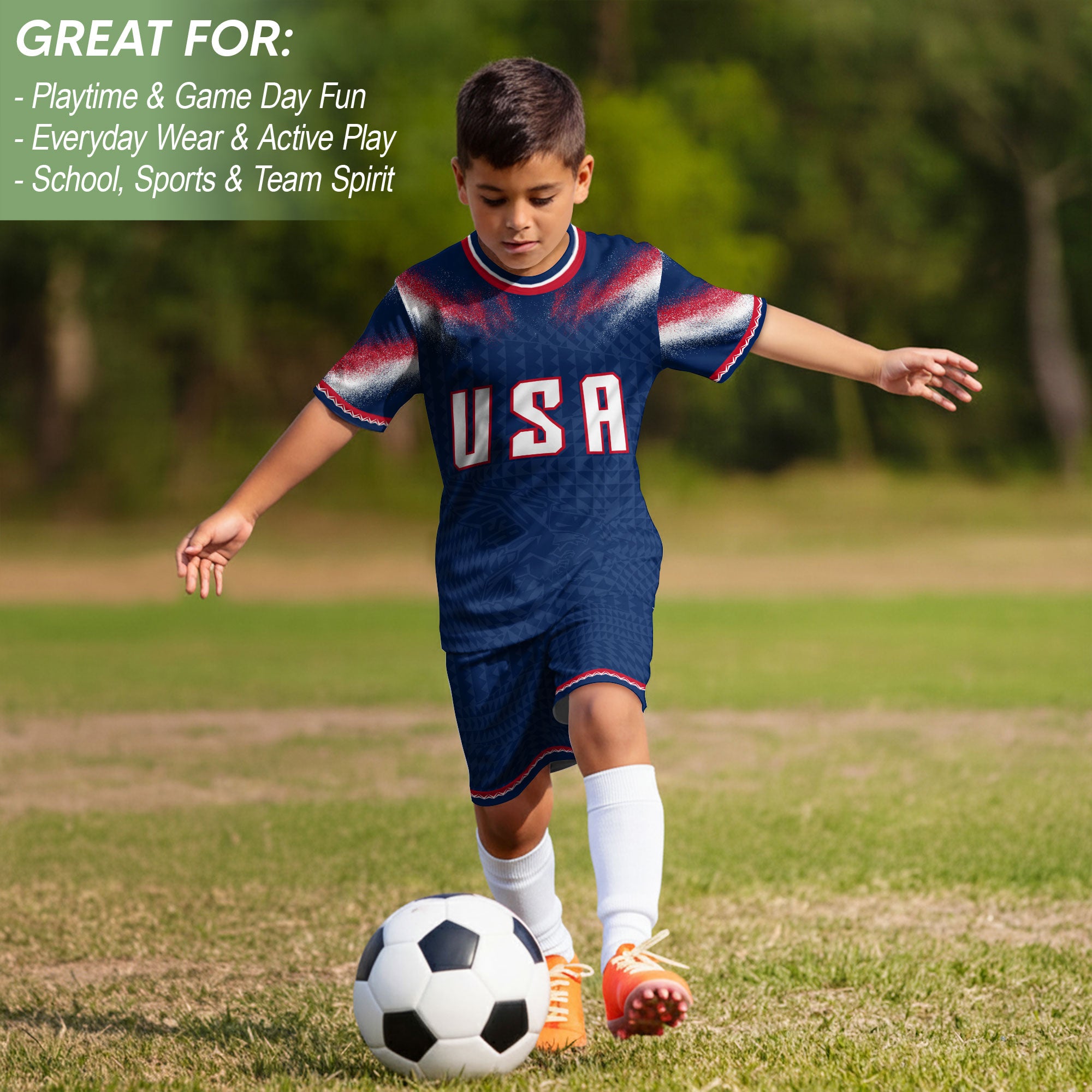 Kids USA Soccer Jersey Navy Blue Youth Red White Blue Patriotic Football Tee Shirt