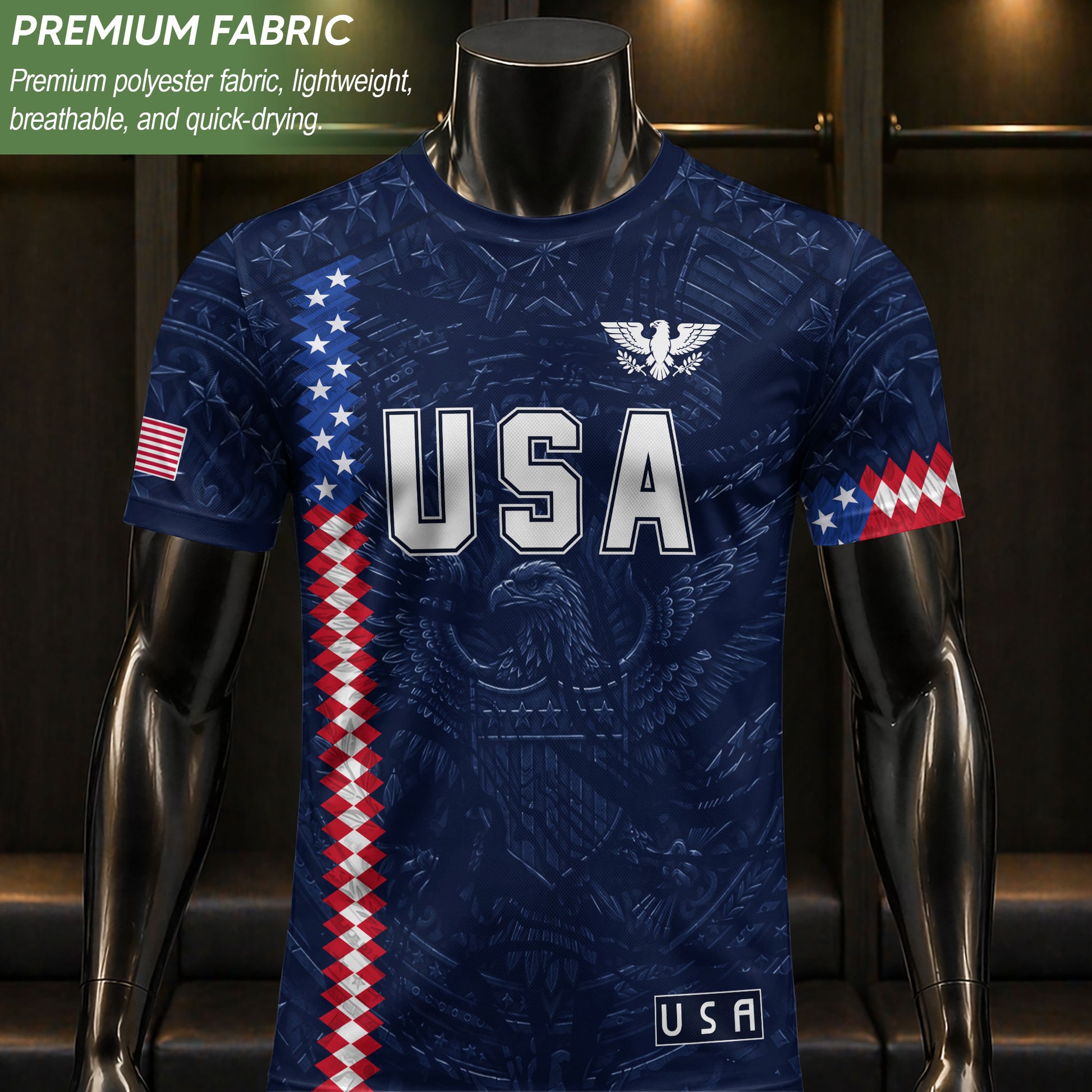 USA Soccer Jersey Men Navy Blue Eagle Flag Pattern Patriotic Football Shirt - Rust Field Wear