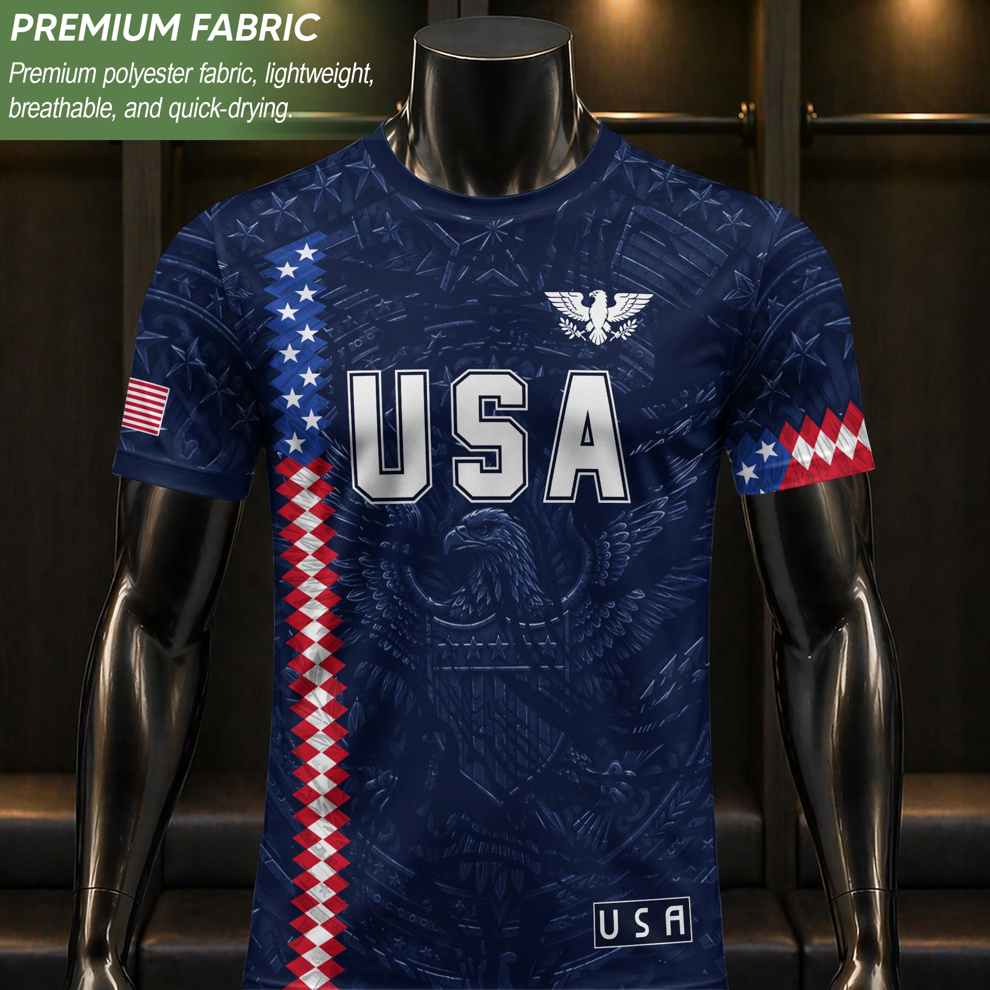USA Soccer Jersey Men Navy Blue Eagle Flag Pattern Patriotic Football Shirt - Rust Field Wear