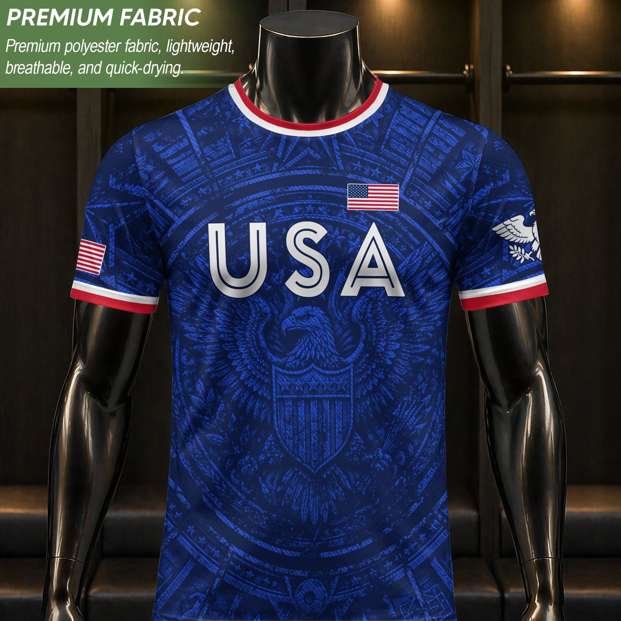 USA Soccer Jersey Men Royal Blue Eagle Graphic Patriotic Football T-Shirt - Rust Field Wear