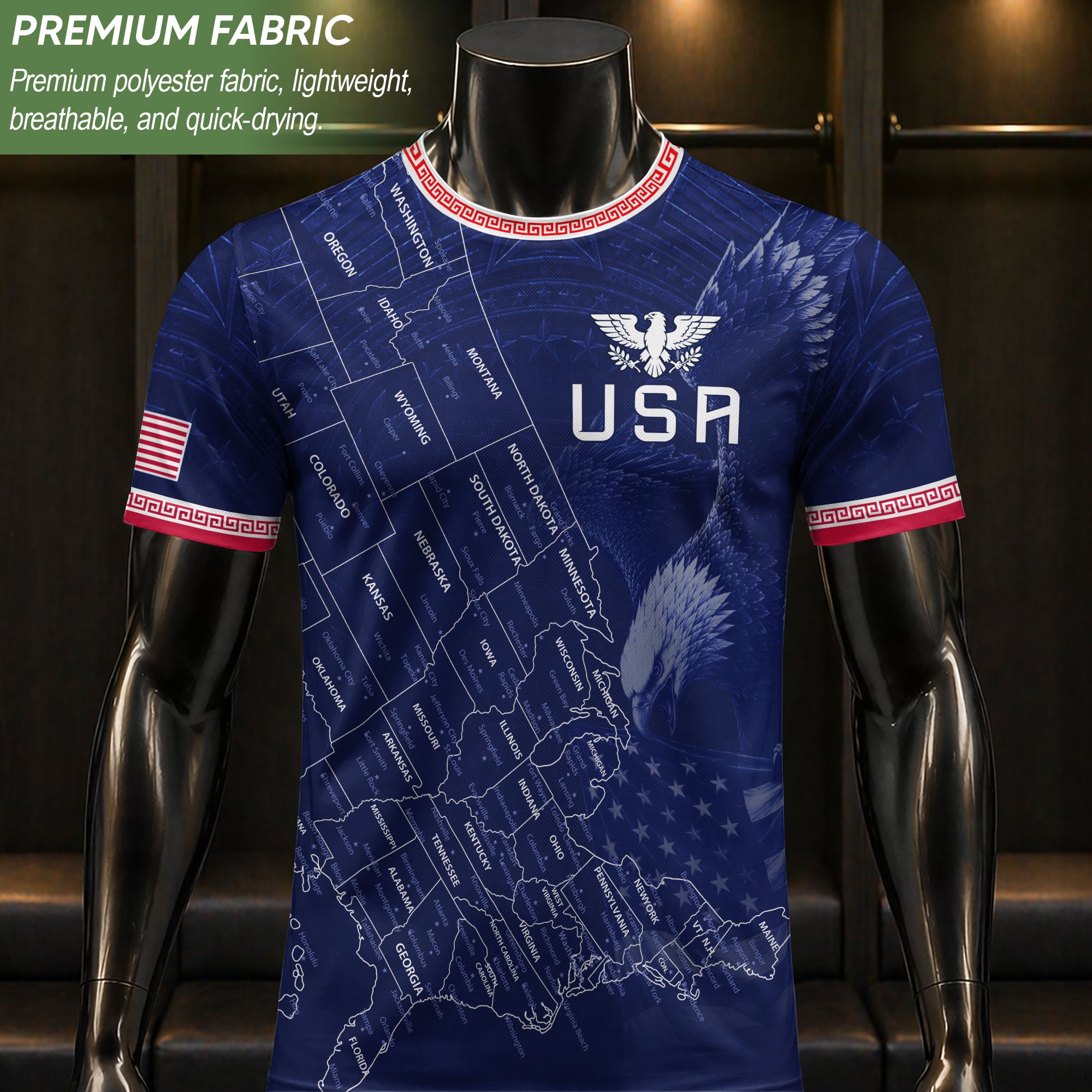 USA Soccer Jersey Men Navy Blue Eagle Map Graphic Patriotic Football T-Shirt - Rust Field Wear