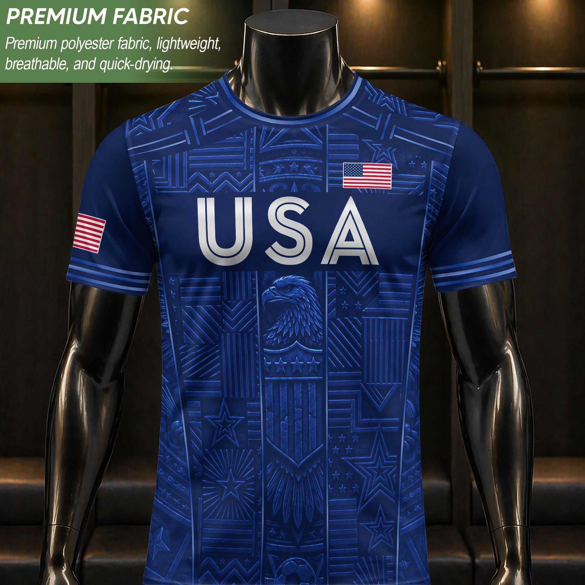 USA Soccer Jersey Men Navy Blue Eagle Star Pattern Patriotic Football T-Shirt - Rust Field Wear