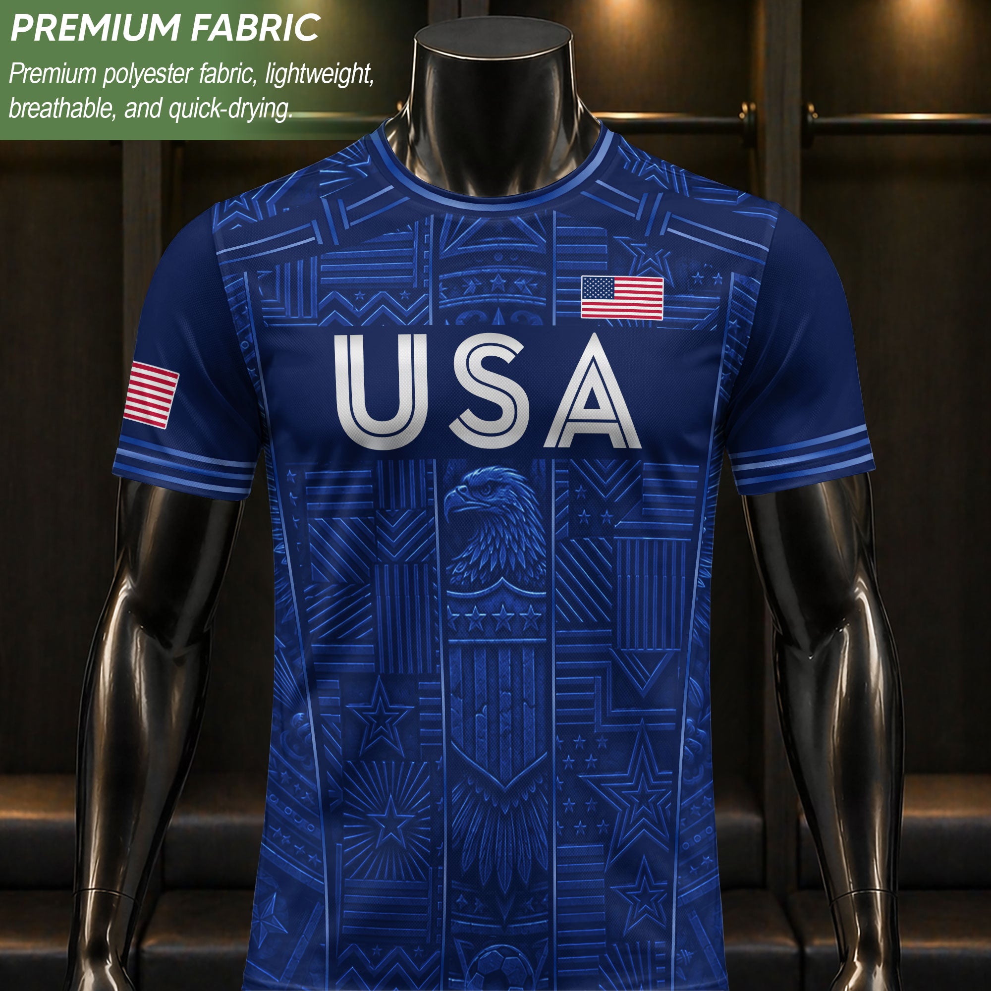 USA Soccer Jersey Men Navy Blue Eagle Star Pattern Patriotic Football T-Shirt - Rust Field Wear