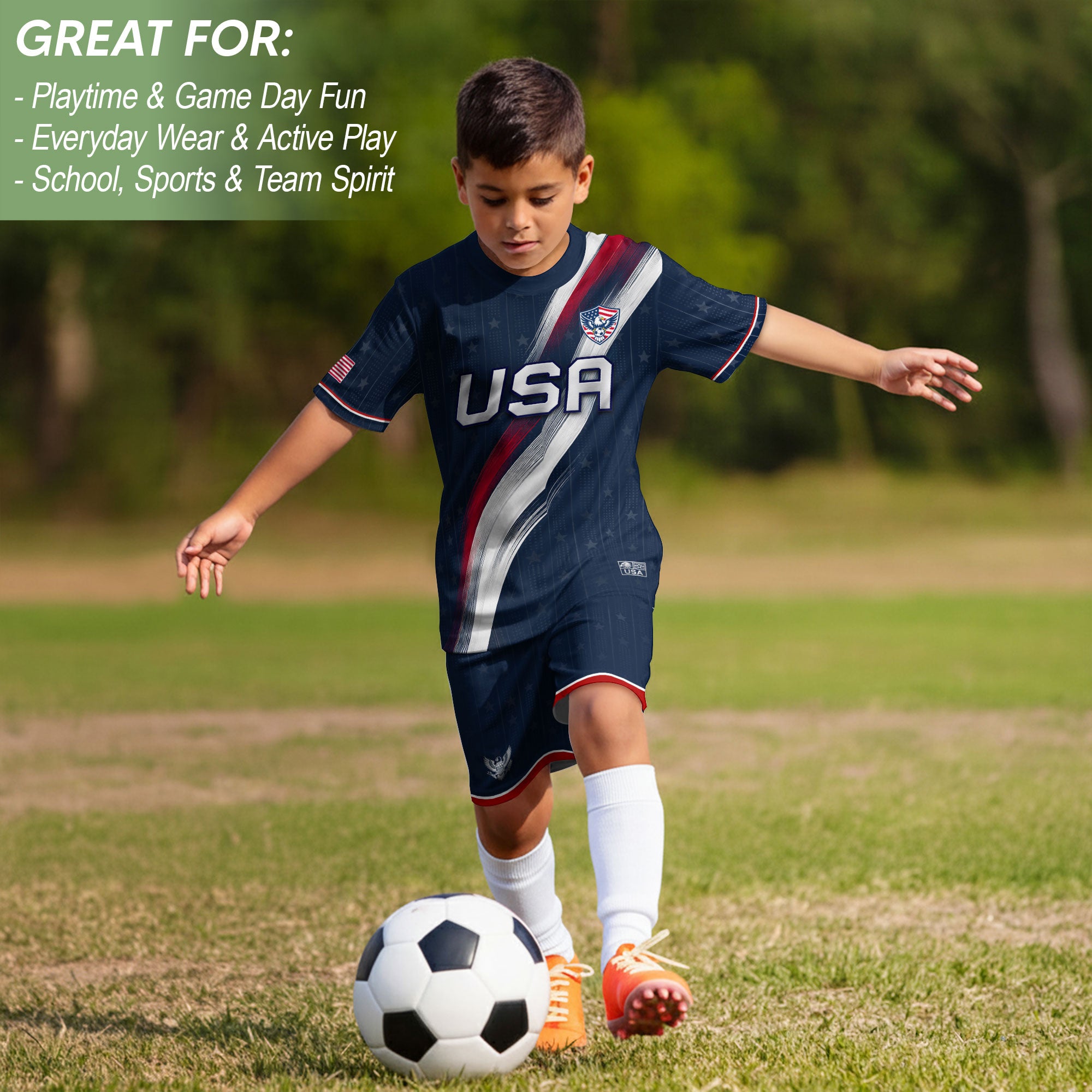 Kids USA Soccer Jersey Navy Blue Youth Patriotic American Flag Eagle Football Tee Shirt
