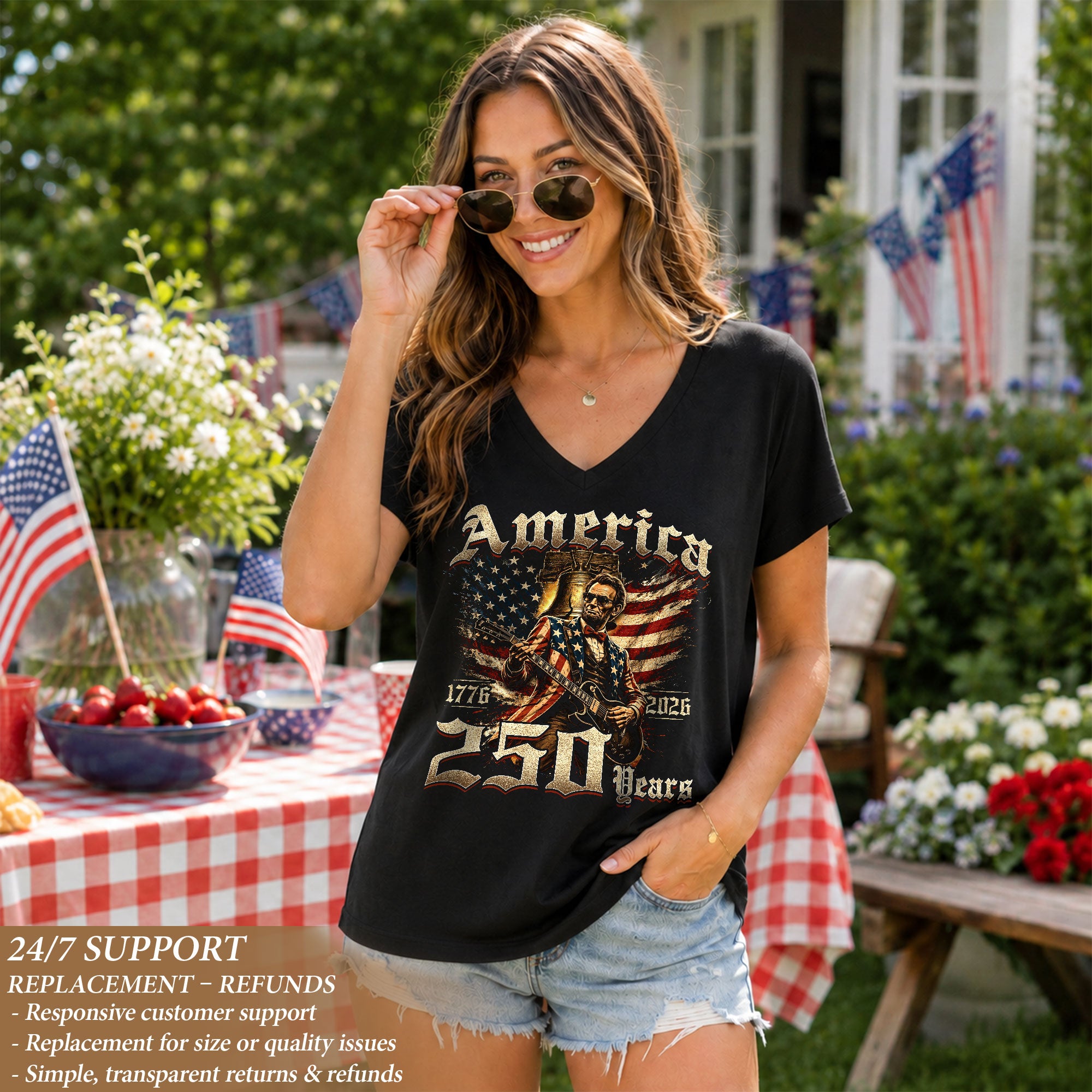 Lincoln Guitar V Neck Women T-Shirt Retro Aesthetic Patriotic 1776-2026 America 250 Years
