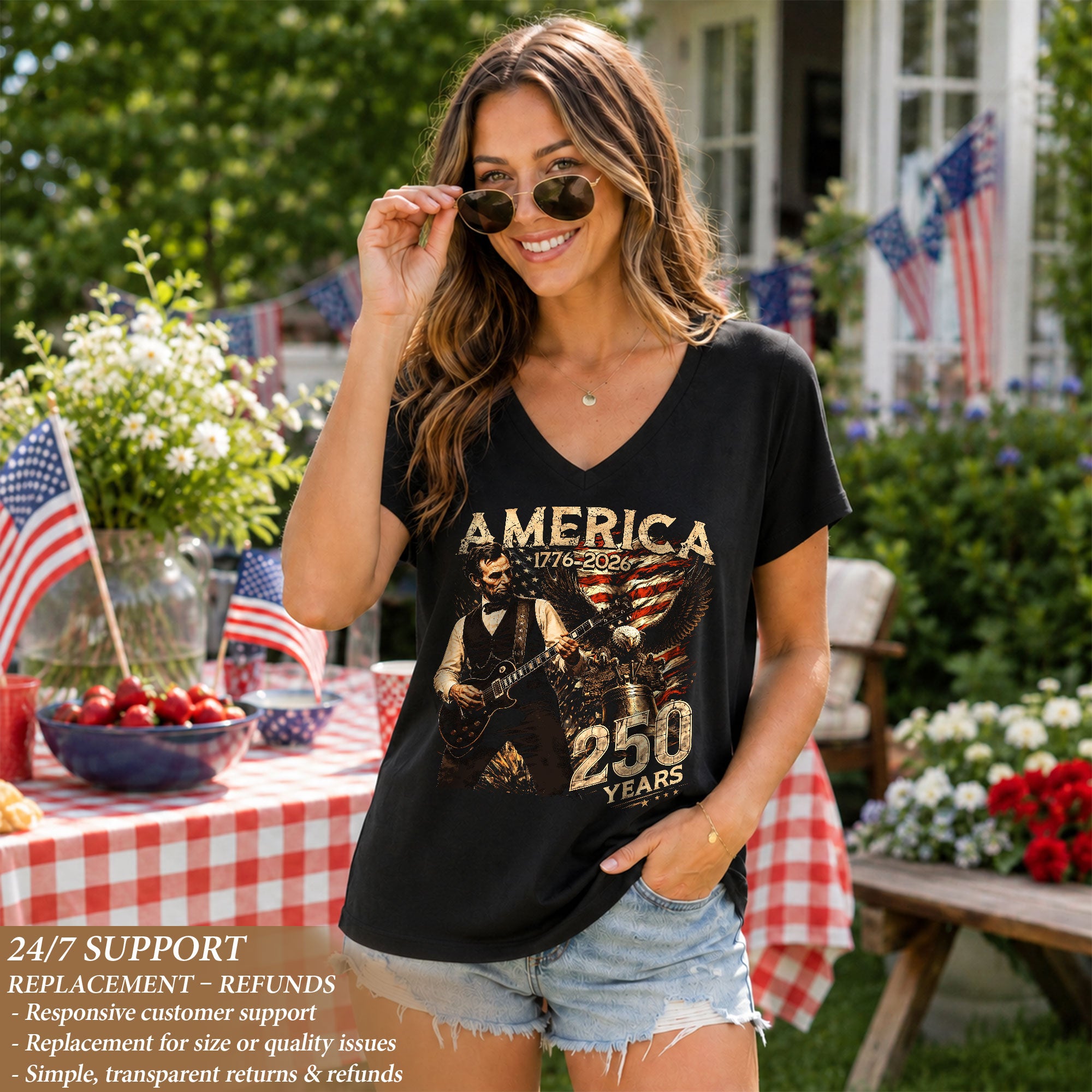 Vintage Lincoln V-Neck Shirt Patriotic Eagle 1776-2026 America 250 Years Women