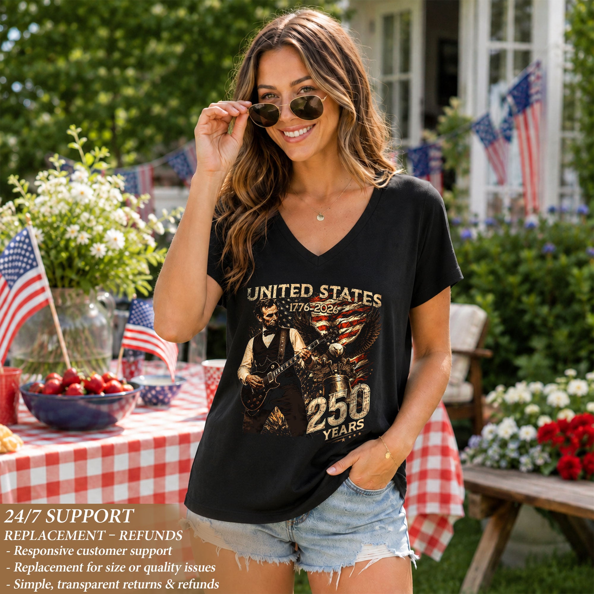 Vintage Lincoln V-Neck Shirt Patriotic Eagle 1776-2026 America 250 Years Women