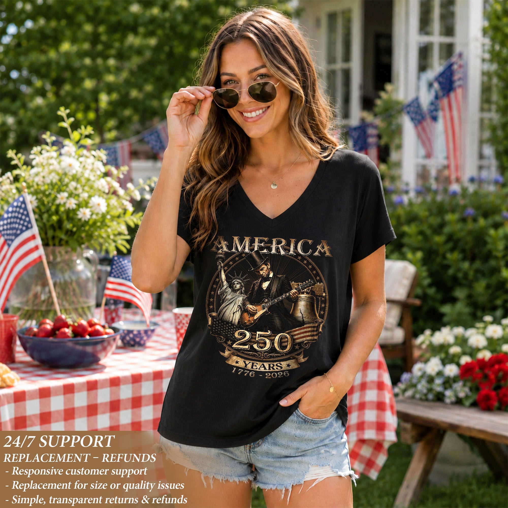 Lincoln Guitar V-Neck Shirt Soft Graphic Tee Patriotic 1776-2026 America 250 Years