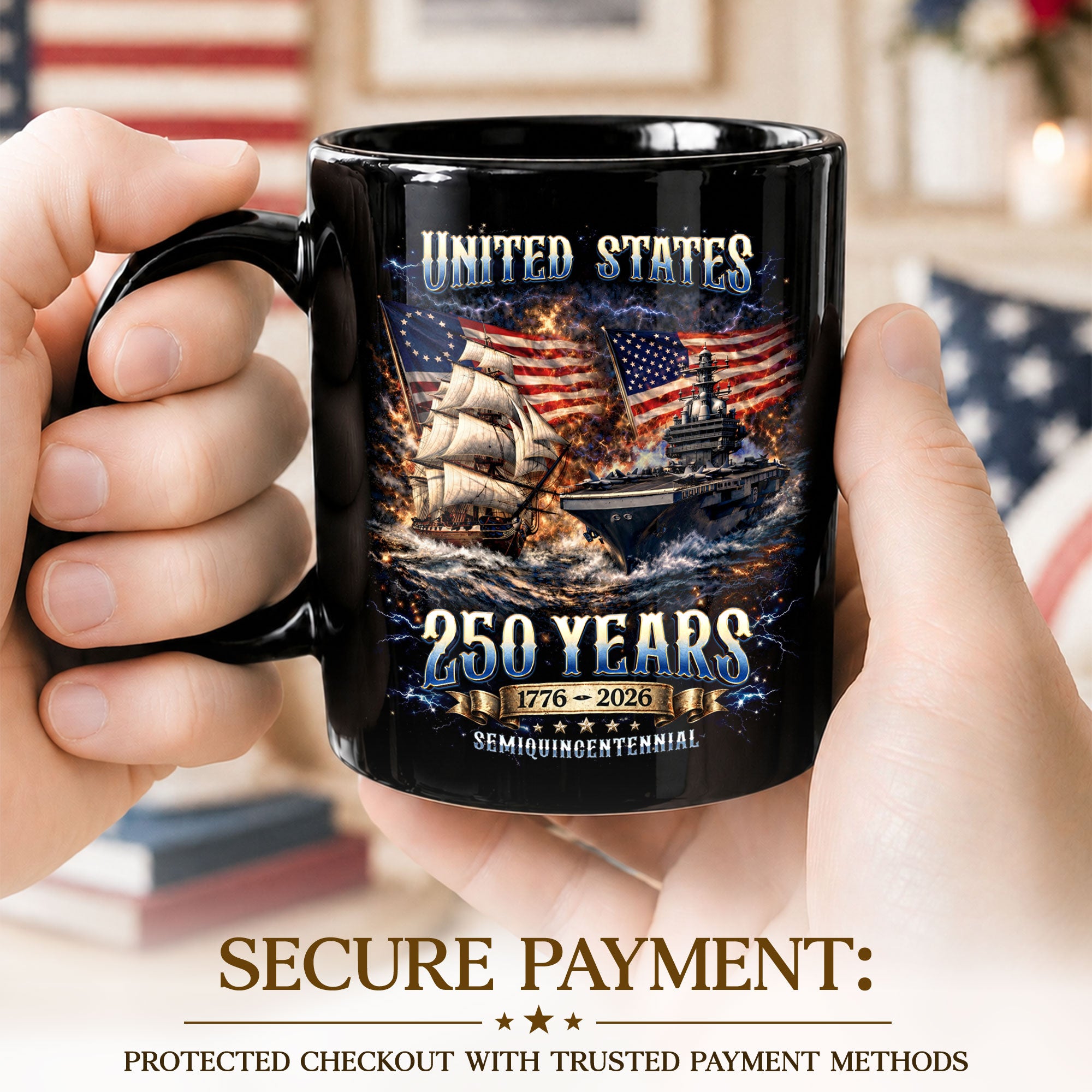 United States 250 Years Mug - 1776 2026 Patriotic Navy Ship Aircraft Carrier Cup