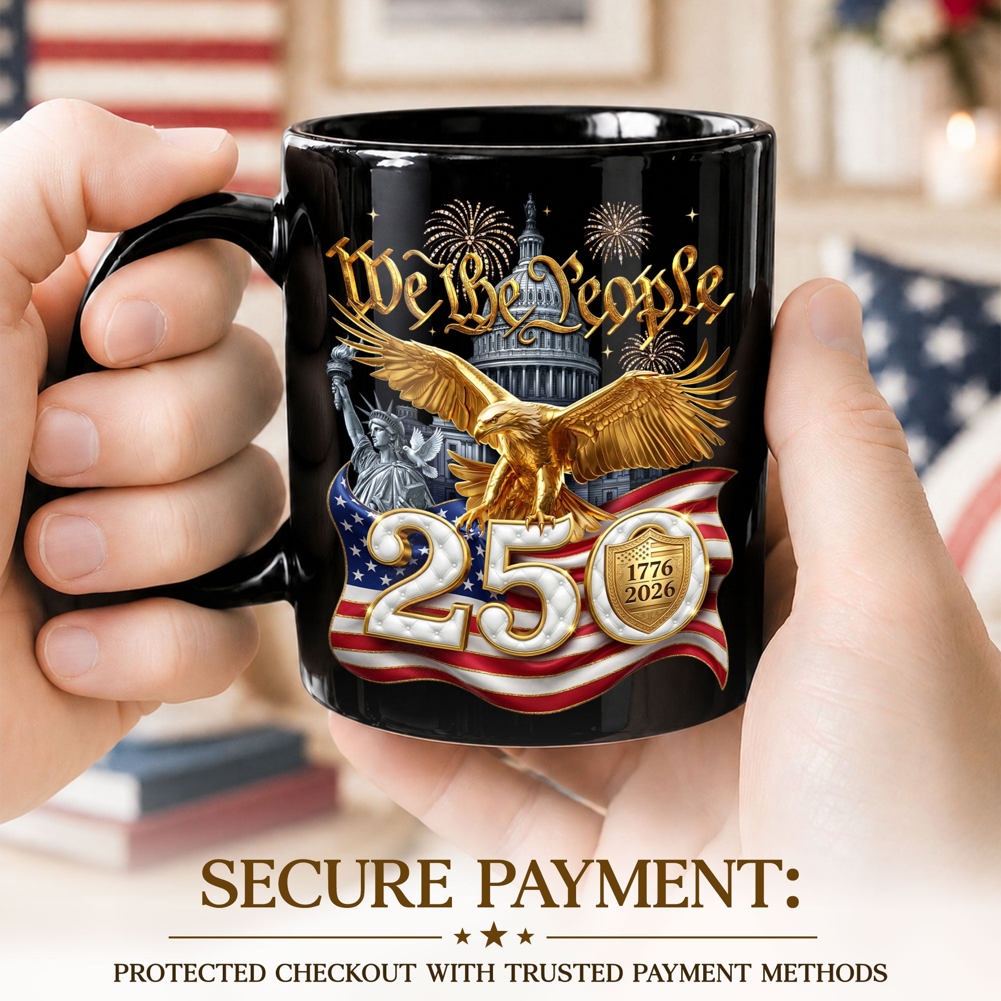 We The People 1776-2026 Mug - Retro Patriotic Golden Bald Eagle Ceramic Cup