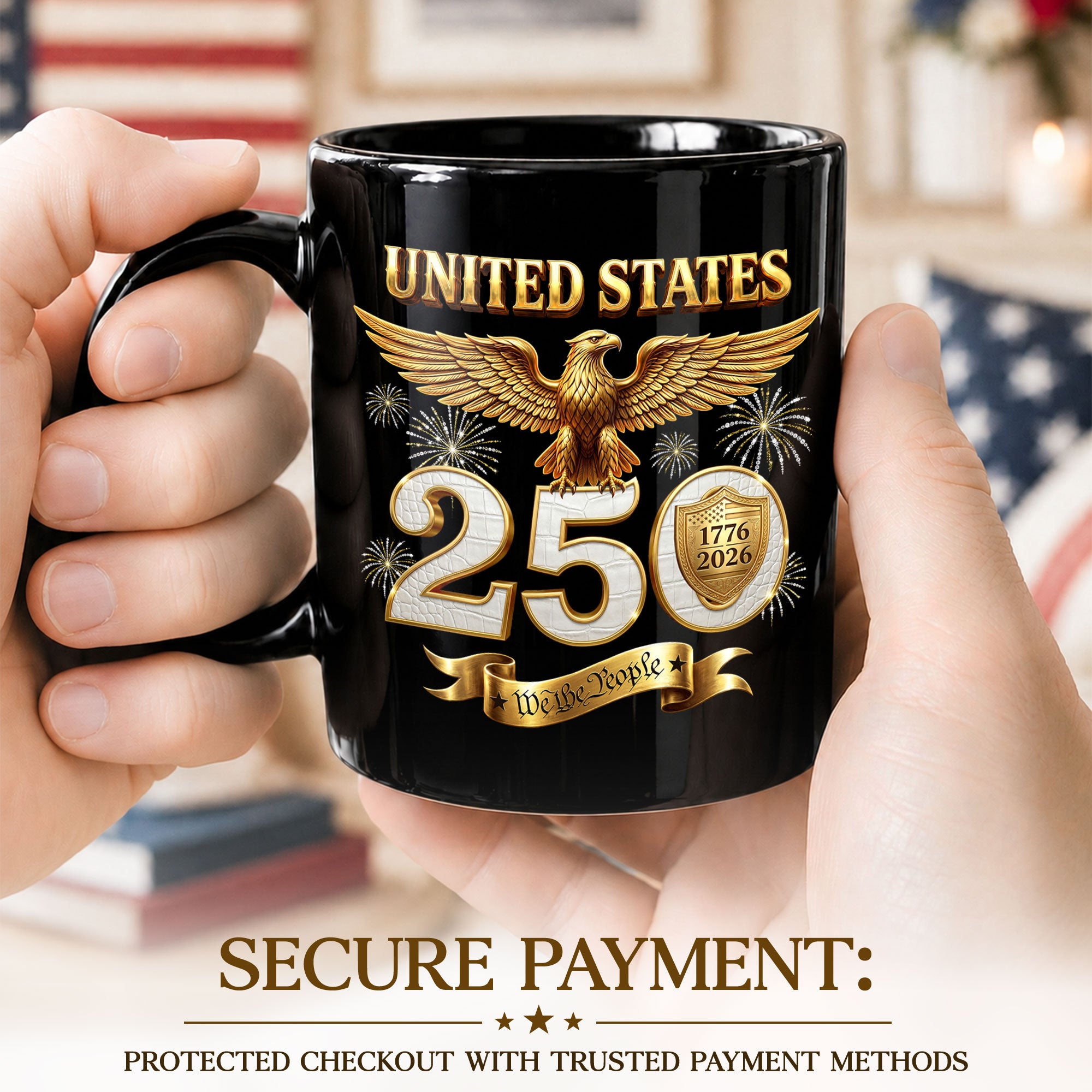 United States 1776 2026 Mug - Golden Patriotic Eagle We The People Ceramic Gift Cup