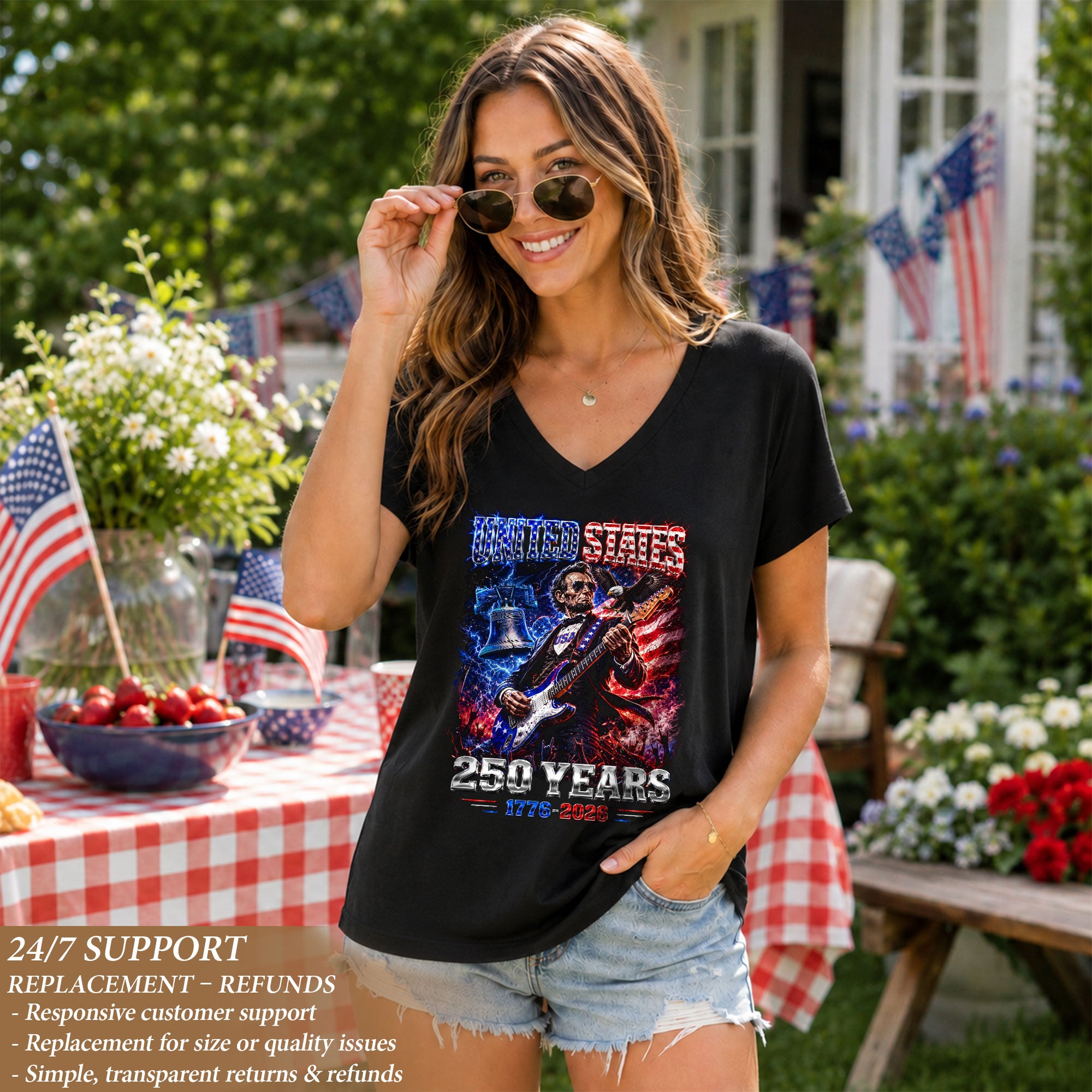 Vintage Abraham Lincoln Rocker V-neck Shirt - Patriotic USA 1776-2026 Graphic Apparel