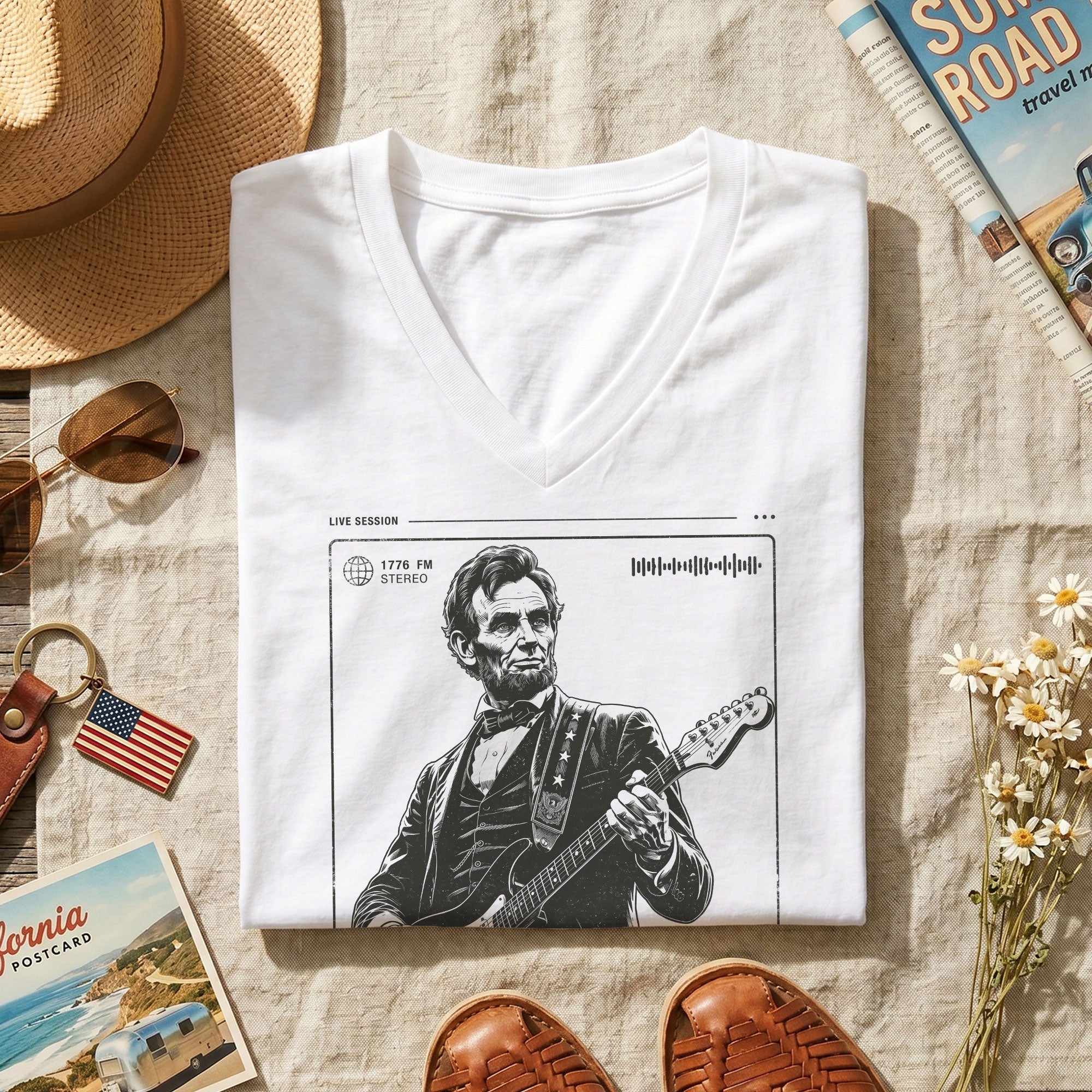 Abraham Lincoln Music Radio Session White V-neck Shirt - Vintage Graphic Apparel Tee