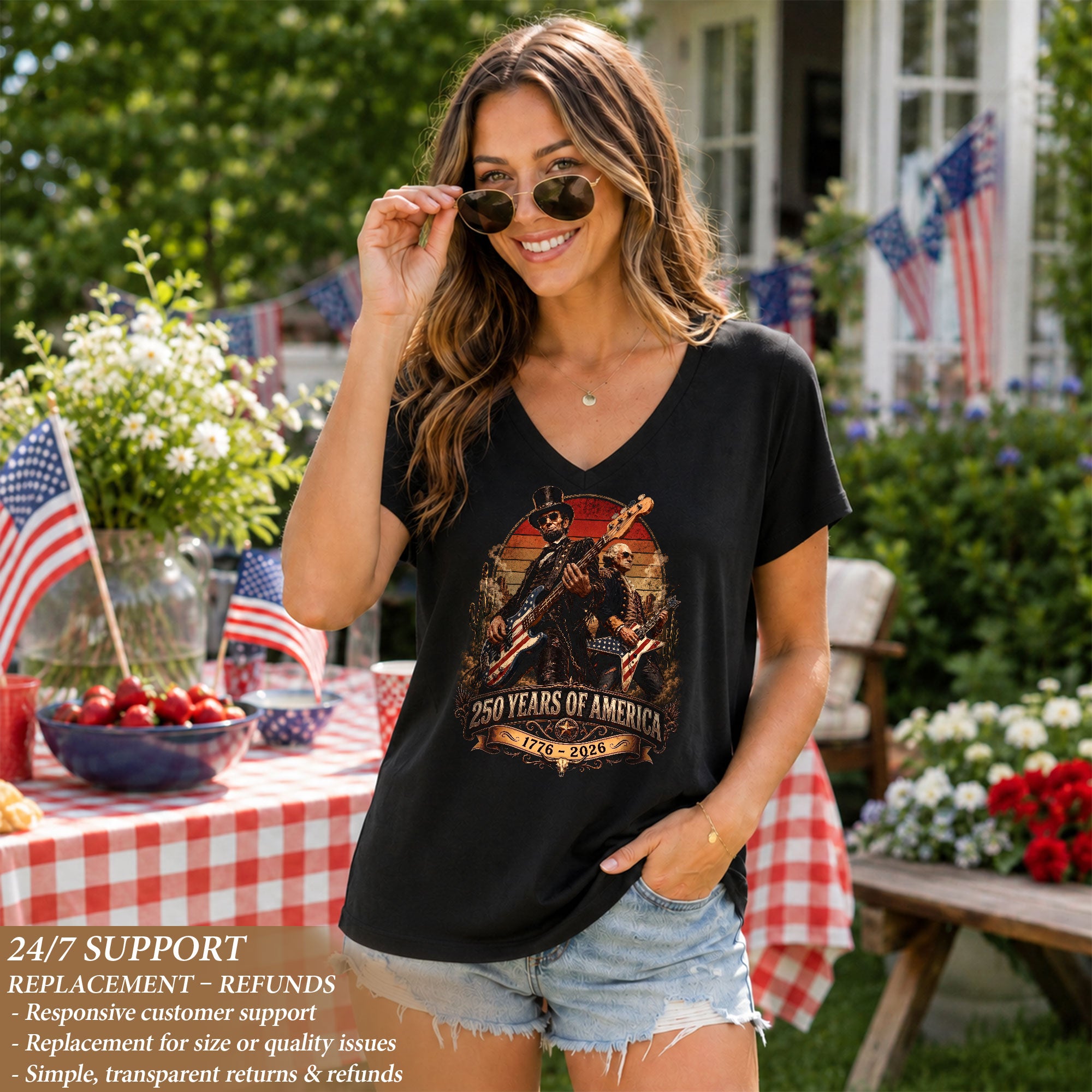 250 Years of America Rocking Icons V-neck Shirt - Vintage Patriotic Music Graphic Tee