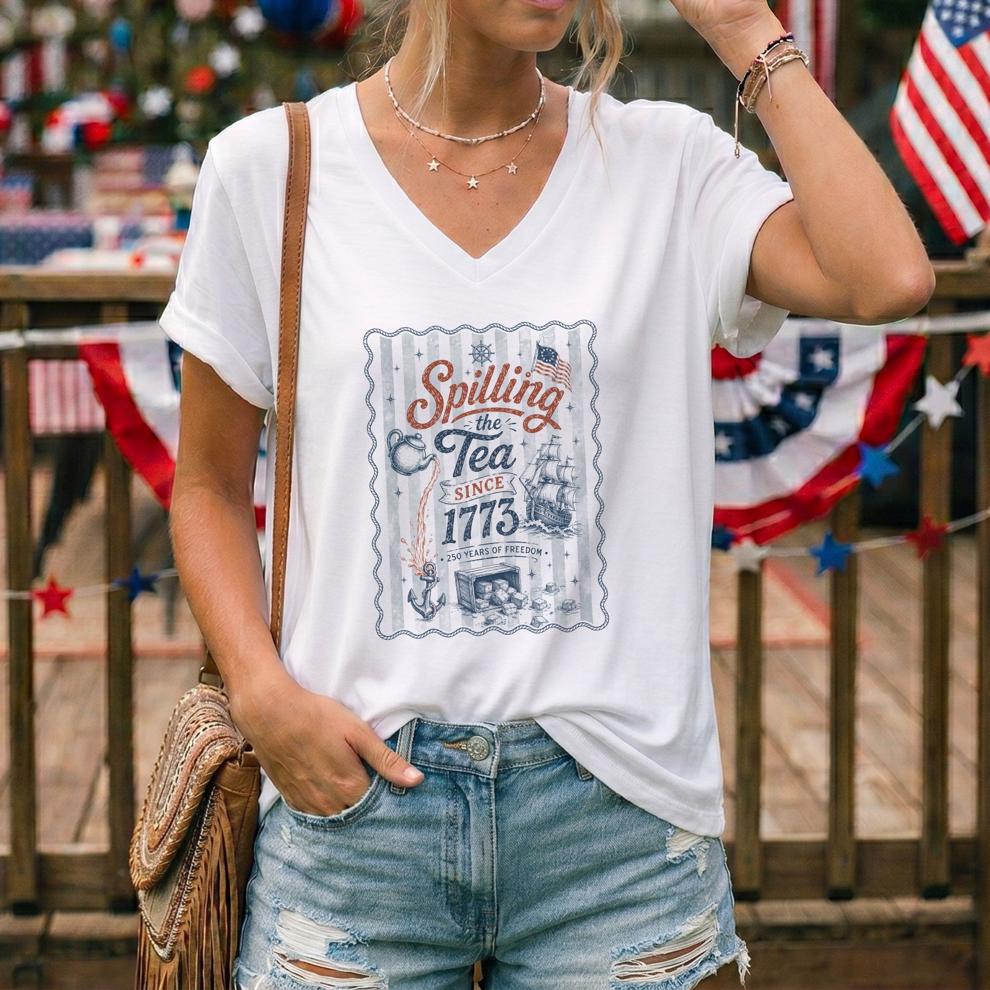 Women Spilling The Tea Since 1773 V-Neck Shirt Patriotic Vintage Freedom Graphic Tee