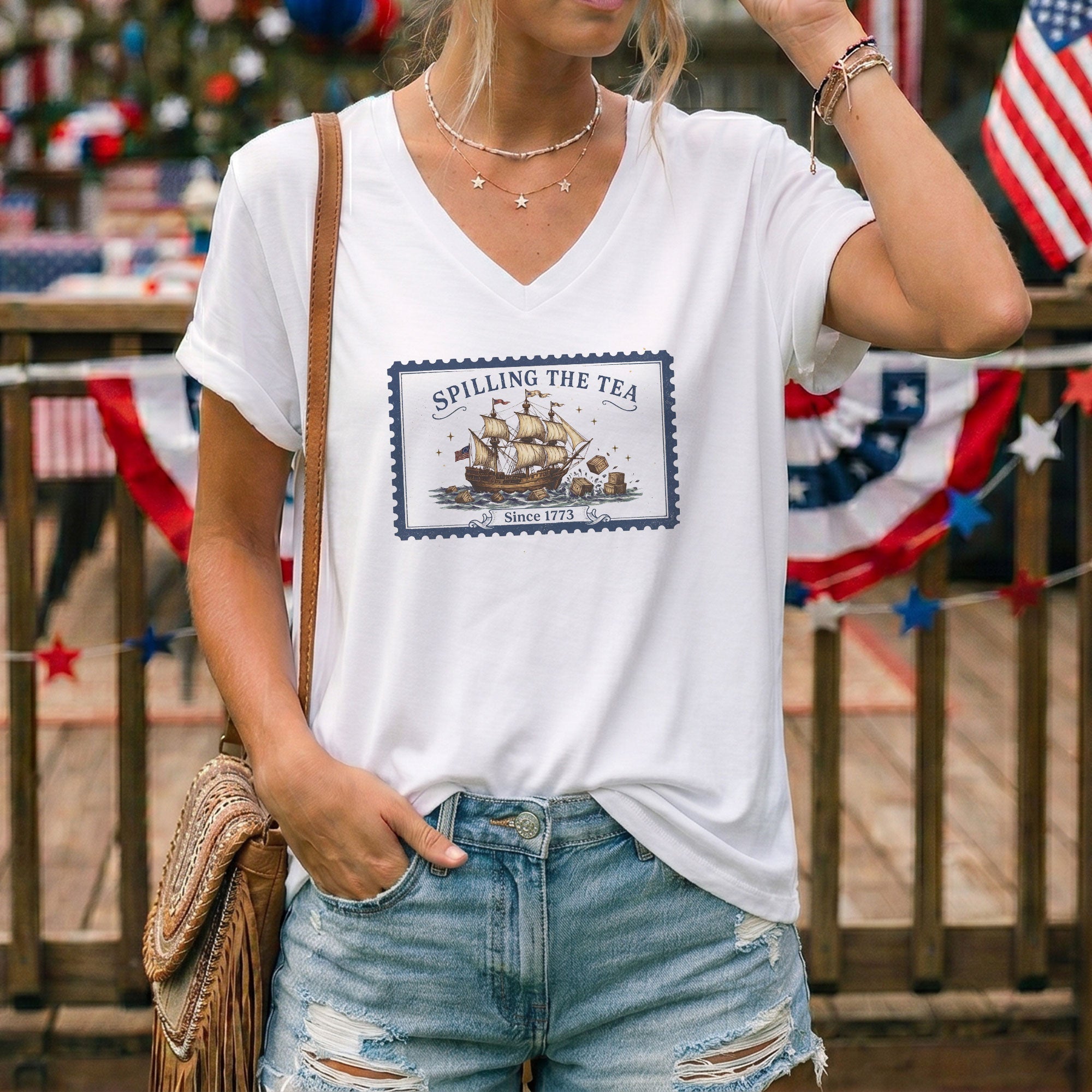 Women Spilling The Tea Since 1773 V-Neck Tee Vintage Patriotic Sailing Ship Shirt