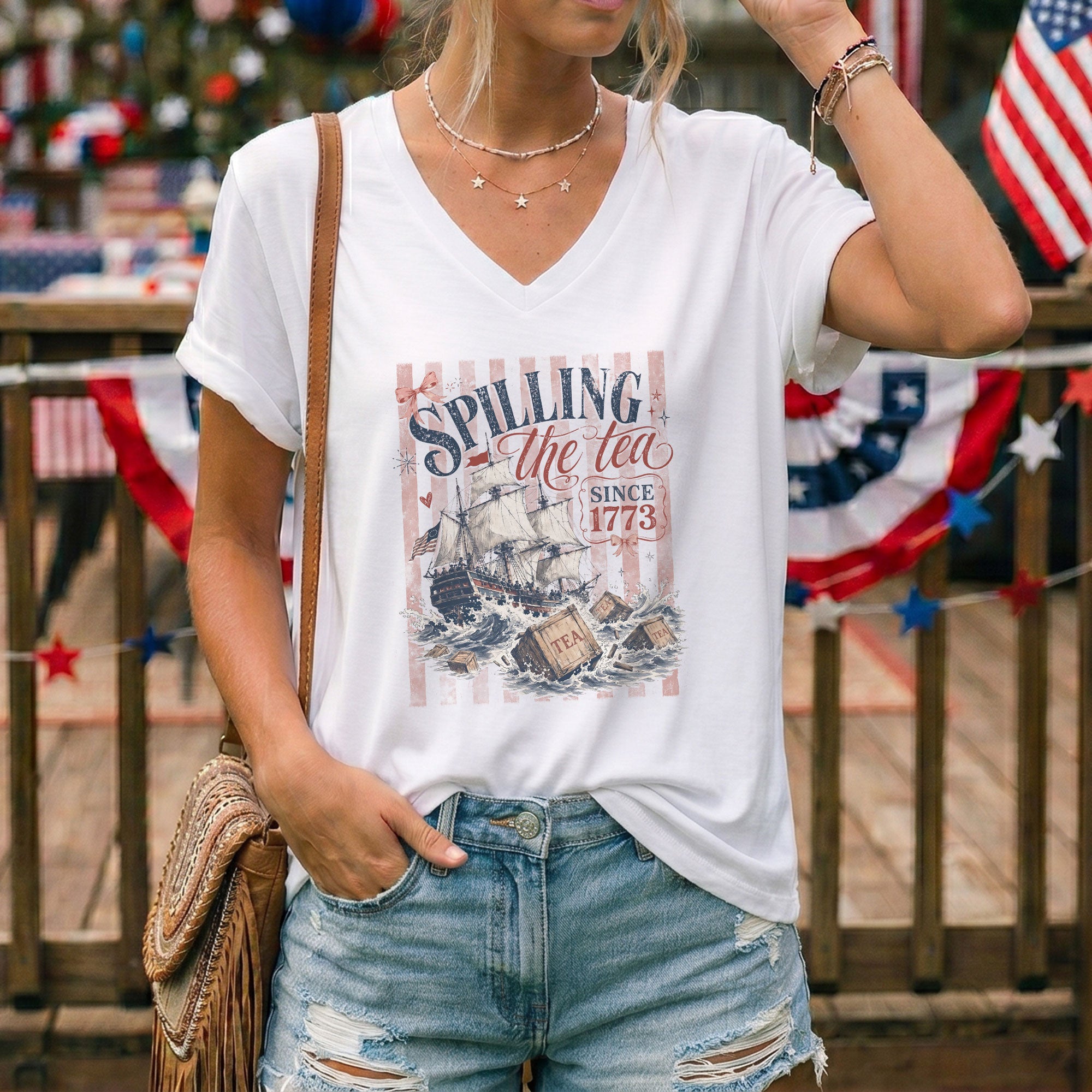 Women Spilling The Tea Since 1773 V-Neck Shirt Patriotic Tea Party Graphic Tee