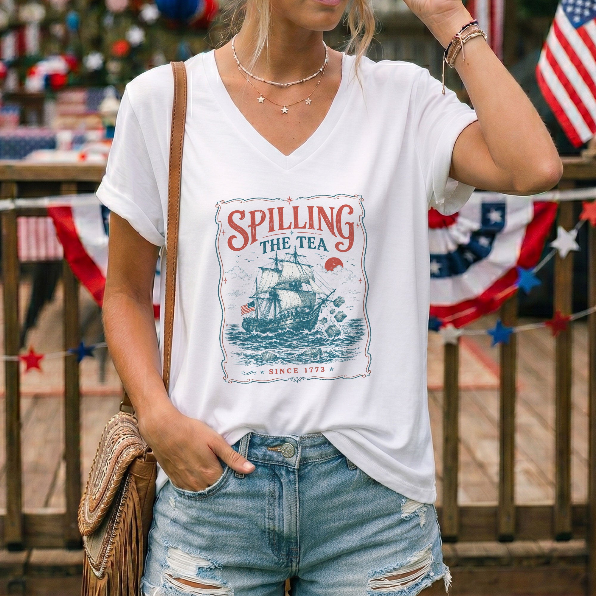 Women Spilling The Tea Since 1773 V-Neck Shirt Patriotic Vintage Sailing Ship Tee