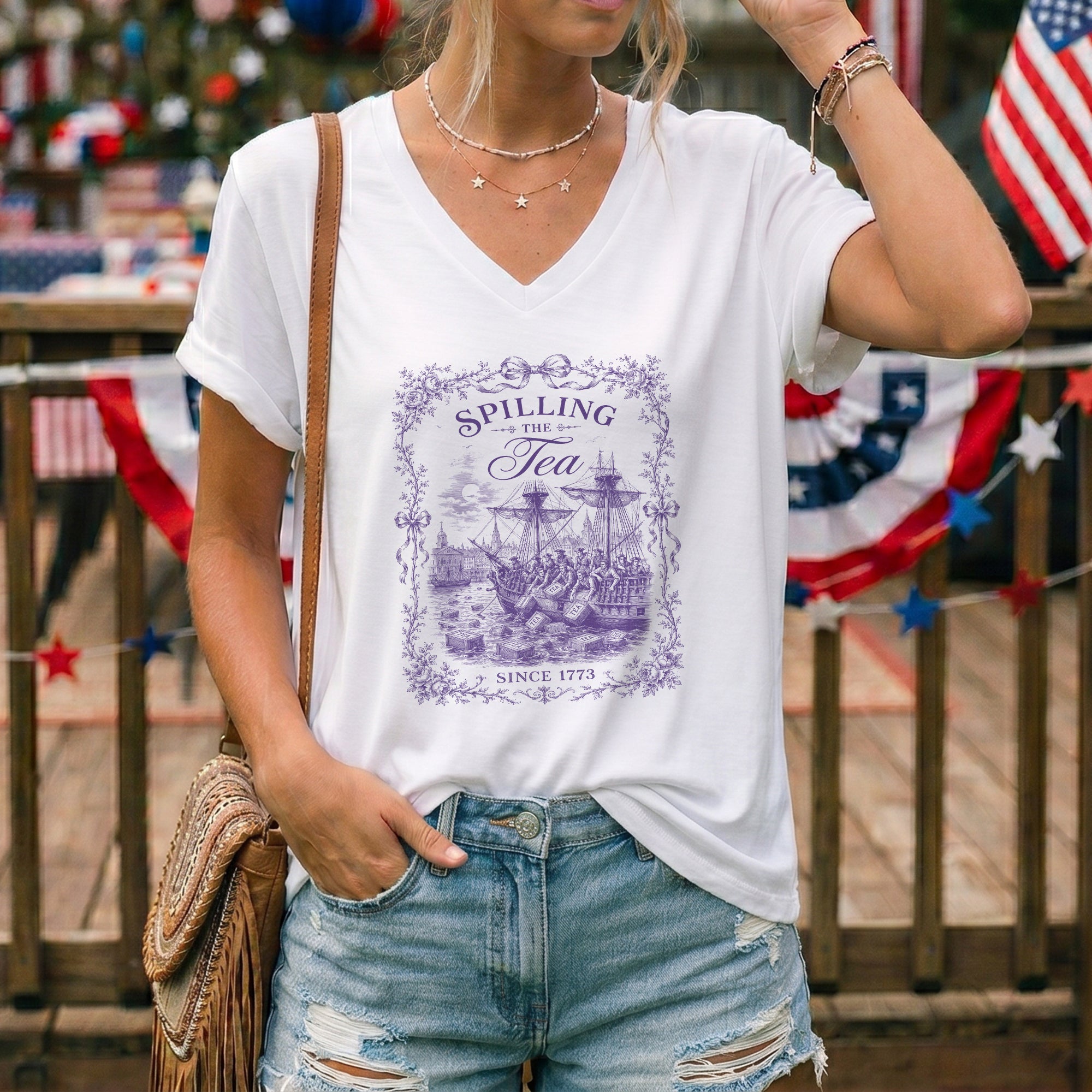 Women Spilling The Tea Since 1773 V-Neck Shirt Vintage Patriotic Boston Tea Party Tee