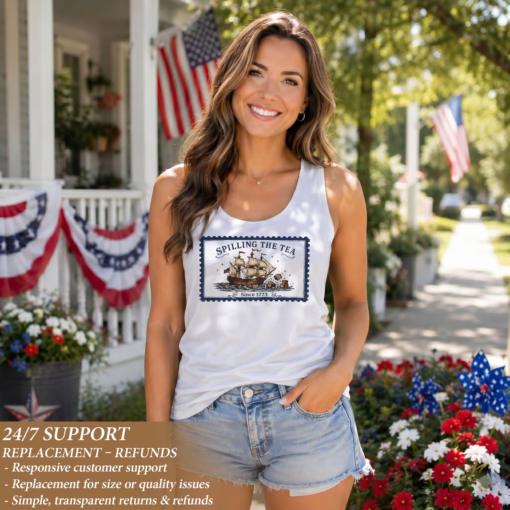 Vintage 1773 Spilling The Tea Graphic Tank Top Women Patriotic Sleeveless Apparel