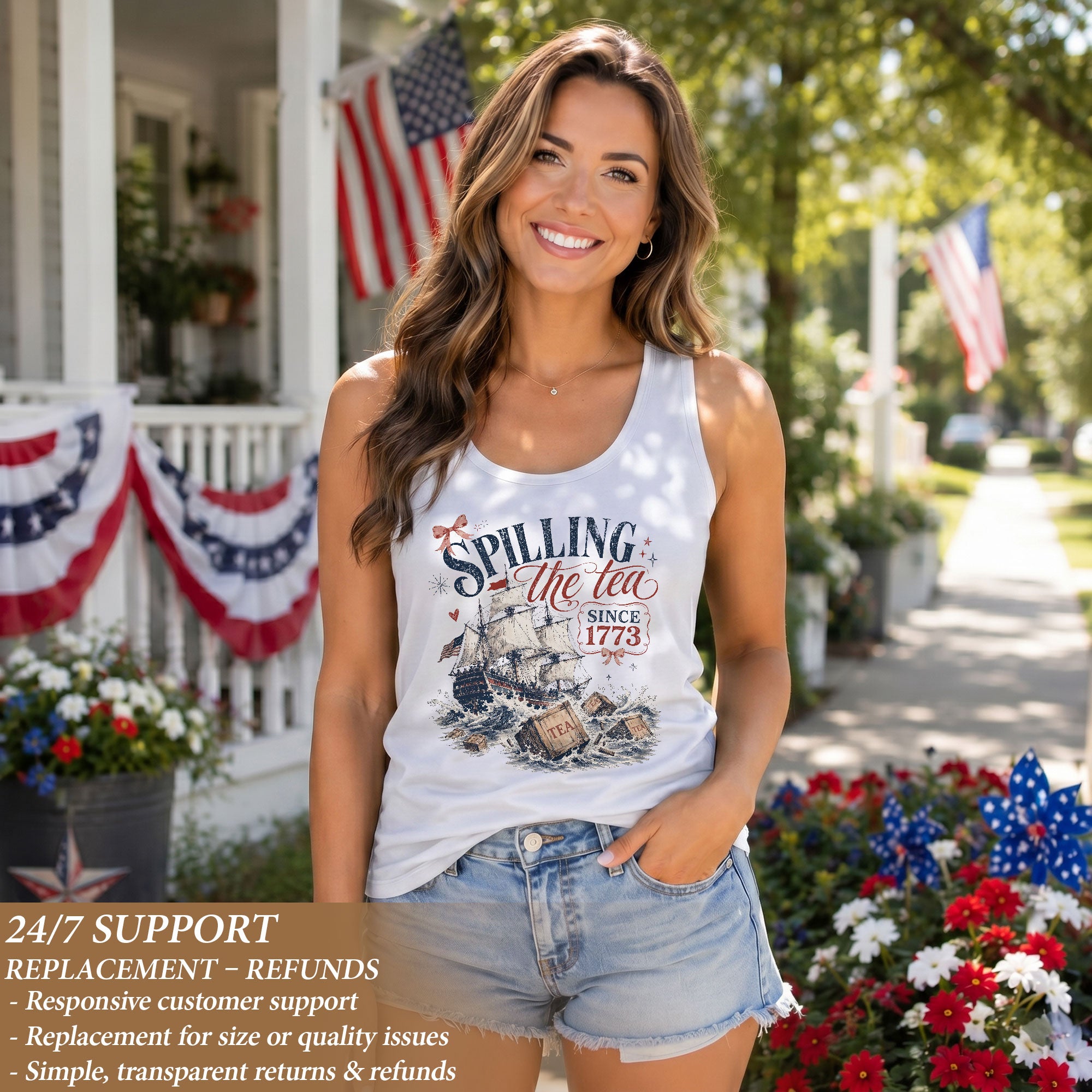 Tank Top Women Spilling The Tea Since 1773 Patriotic Historical Graphic Sleeveless