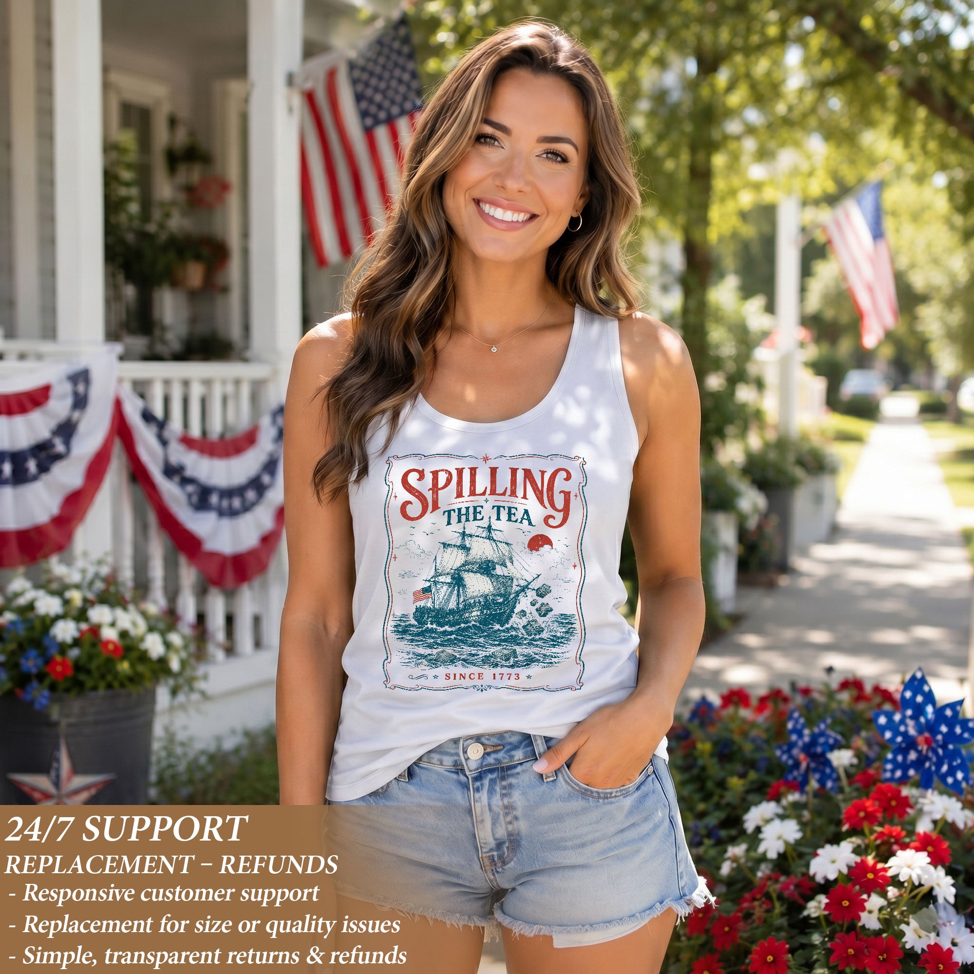 Women Tank Top Spilling The Tea Since 1773 Patriotic Graphic Historical Sleeveless