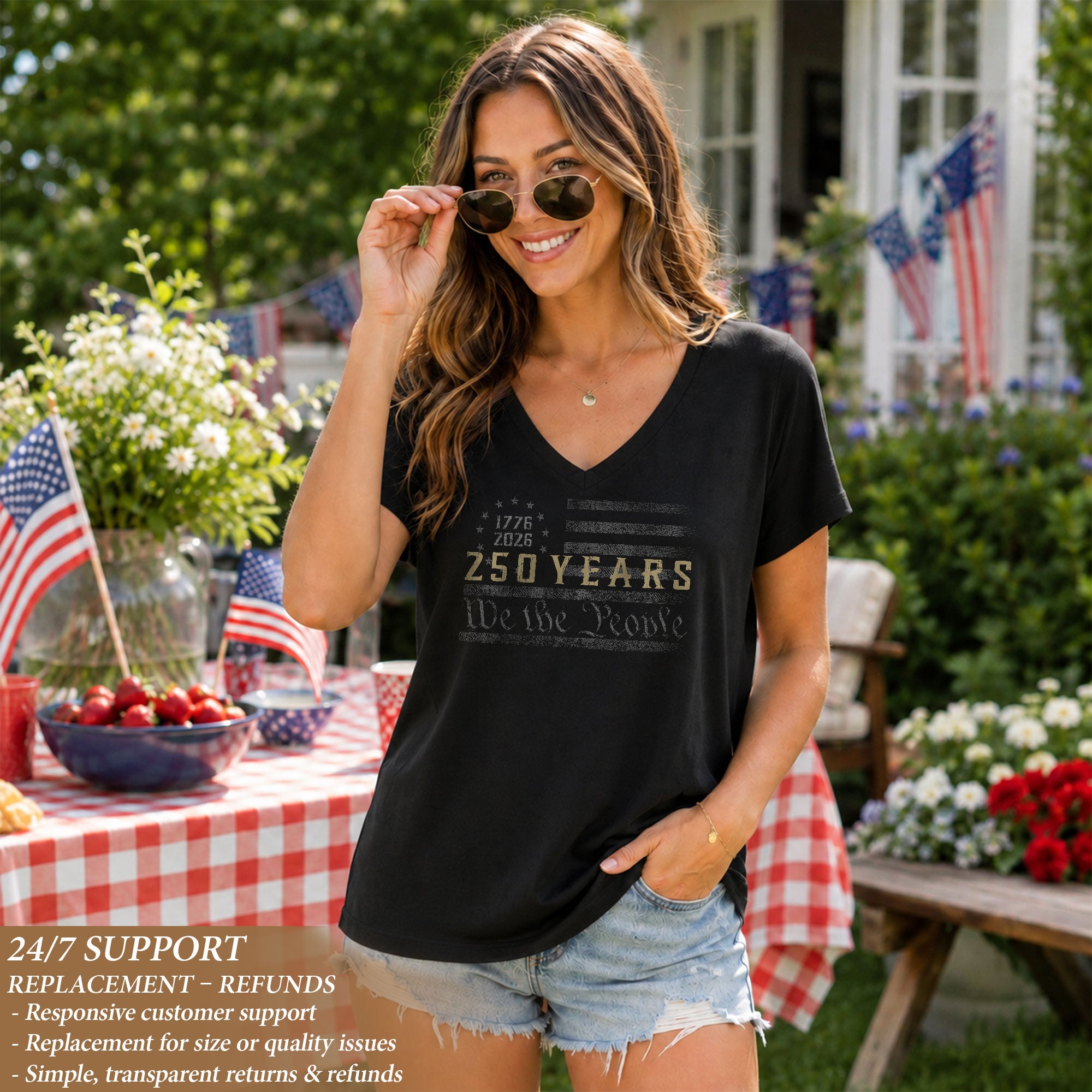 Patriotic V-Neck T-Shirt Women 1776-2026 250 Years We The People Historical Graphic